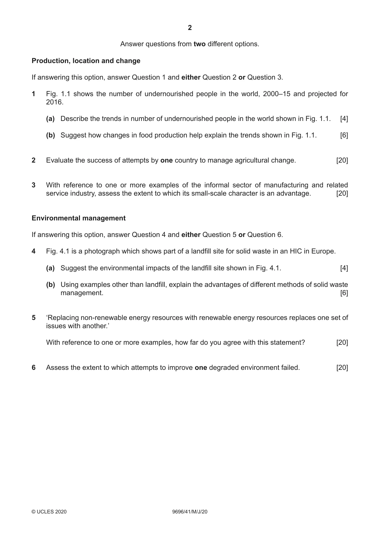 Cambridge A Level Geography 9696 2020 May/June Paper 4 · Variant 1 question paper, page 2 of 4