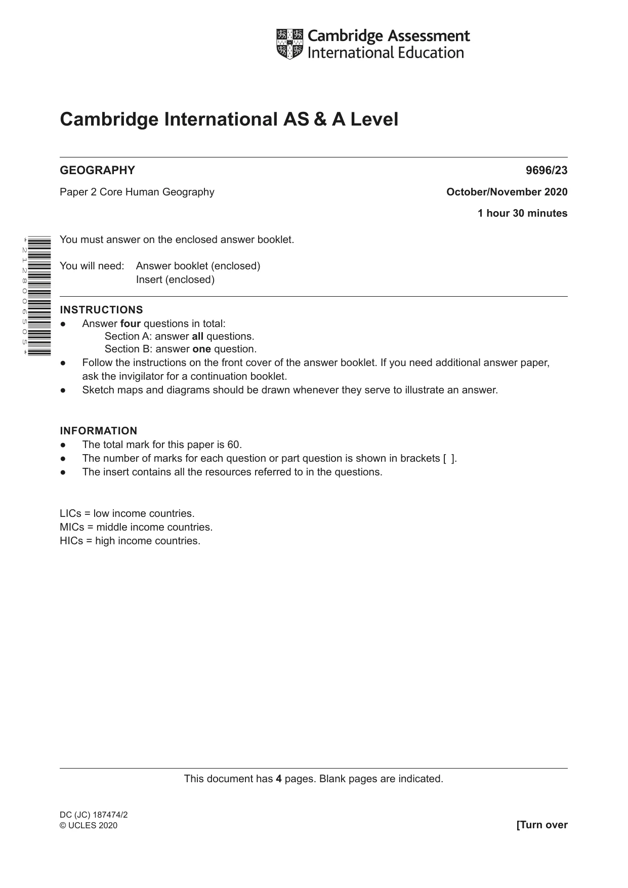 Cambridge A Level Geography 9696 2020 Oct/Nov Paper 2 · Variant 3 question paper, page 1 of 4
