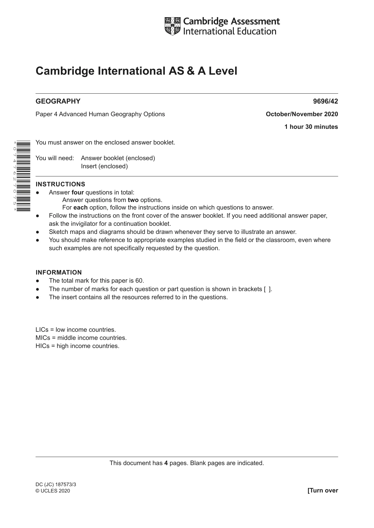 Cambridge A Level Geography 9696 2020 Oct/Nov Paper 4 · Variant 2 question paper, page 1 of 4