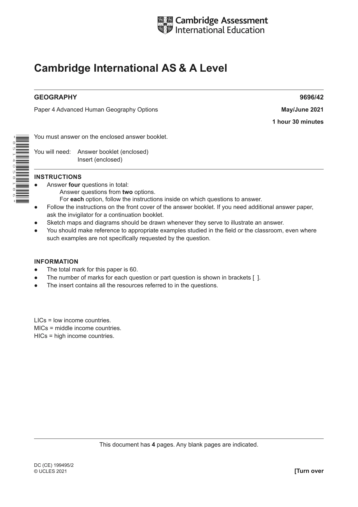 Cambridge A Level Geography 9696 2021 May/June Paper 4 · Variant 2 question paper, page 1 of 4