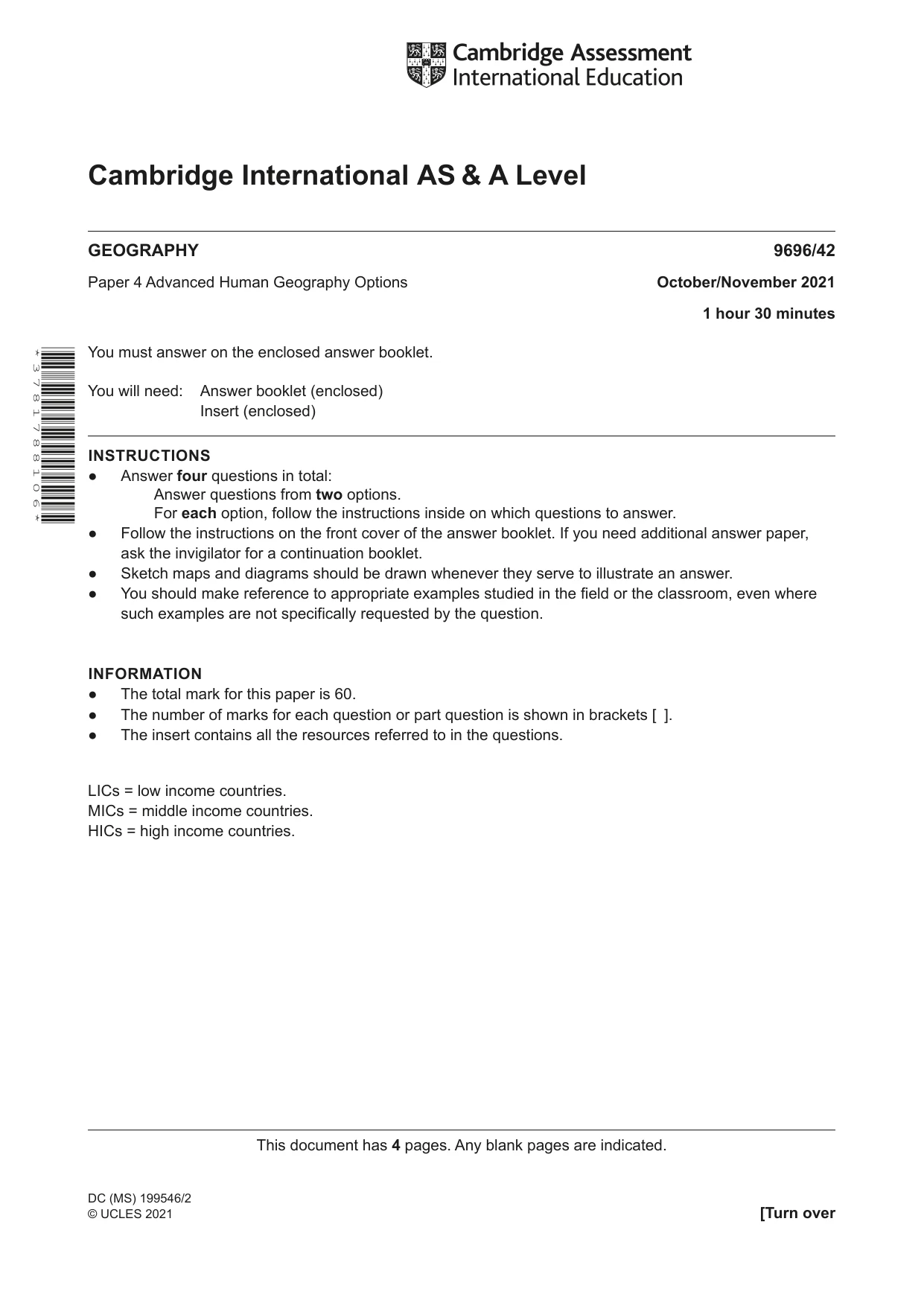 Cambridge A Level Geography 9696 2021 Oct/Nov Paper 4 · Variant 2 question paper, page 1 of 4