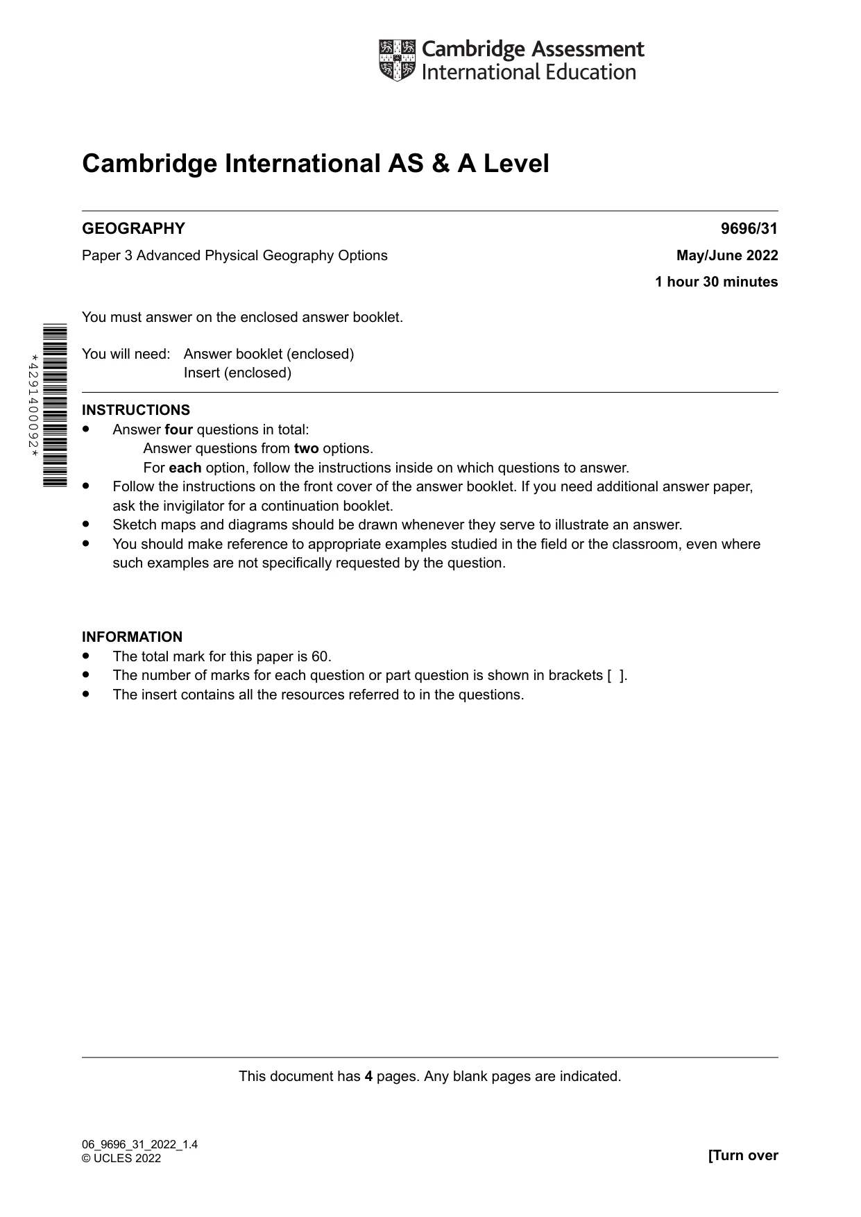 Cambridge A Level Geography 9696 2022 May/June Paper 3 · Variant 1 question paper, page 1 of 4