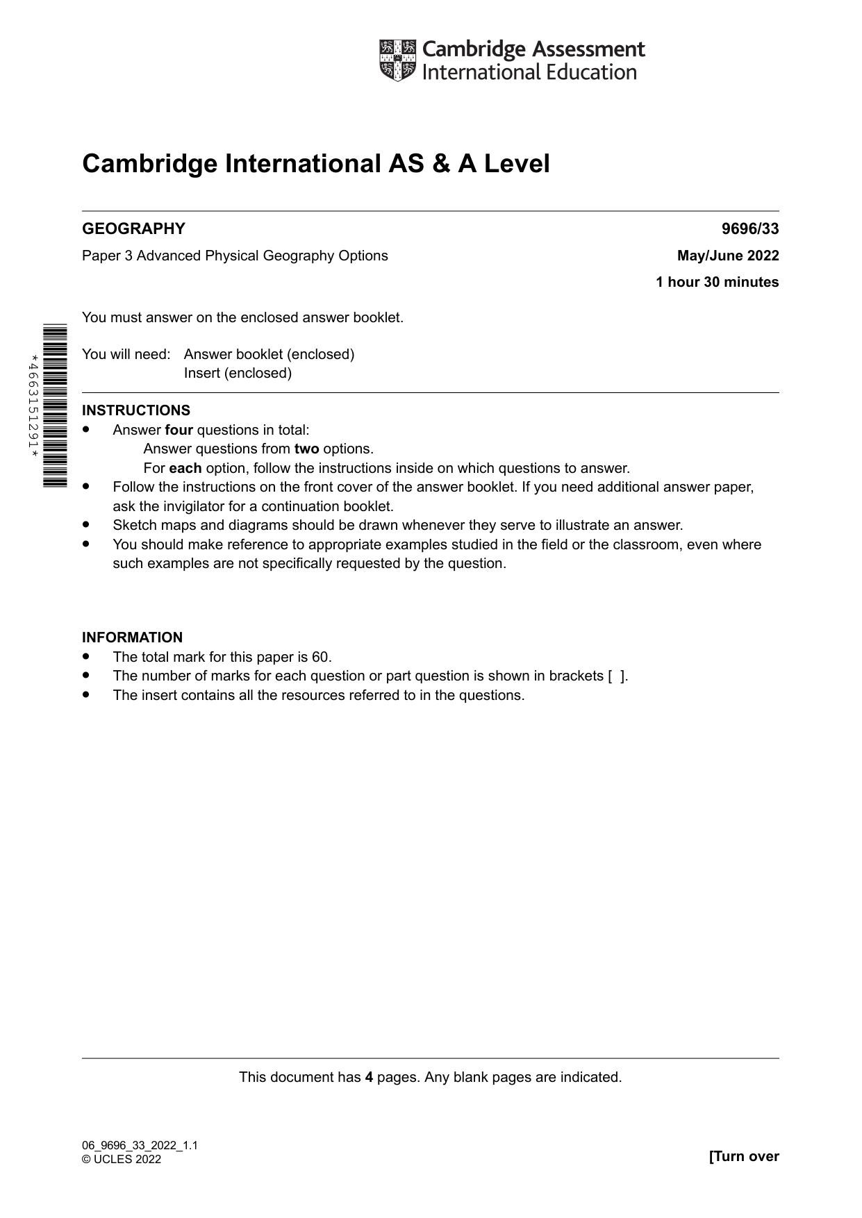 Cambridge A Level Geography 9696 2022 May/June Paper 3 · Variant 3 question paper, page 1 of 4