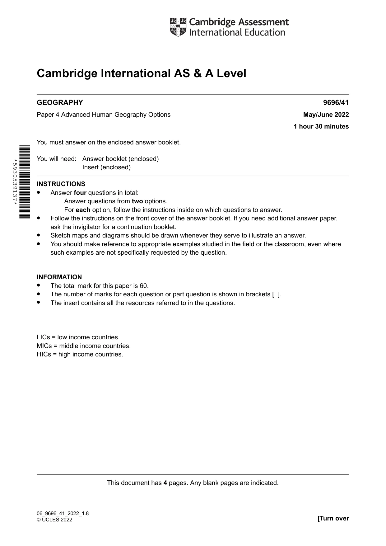 Cambridge A Level Geography 9696 2022 May/June Paper 4 · Variant 1 question paper, page 1 of 4