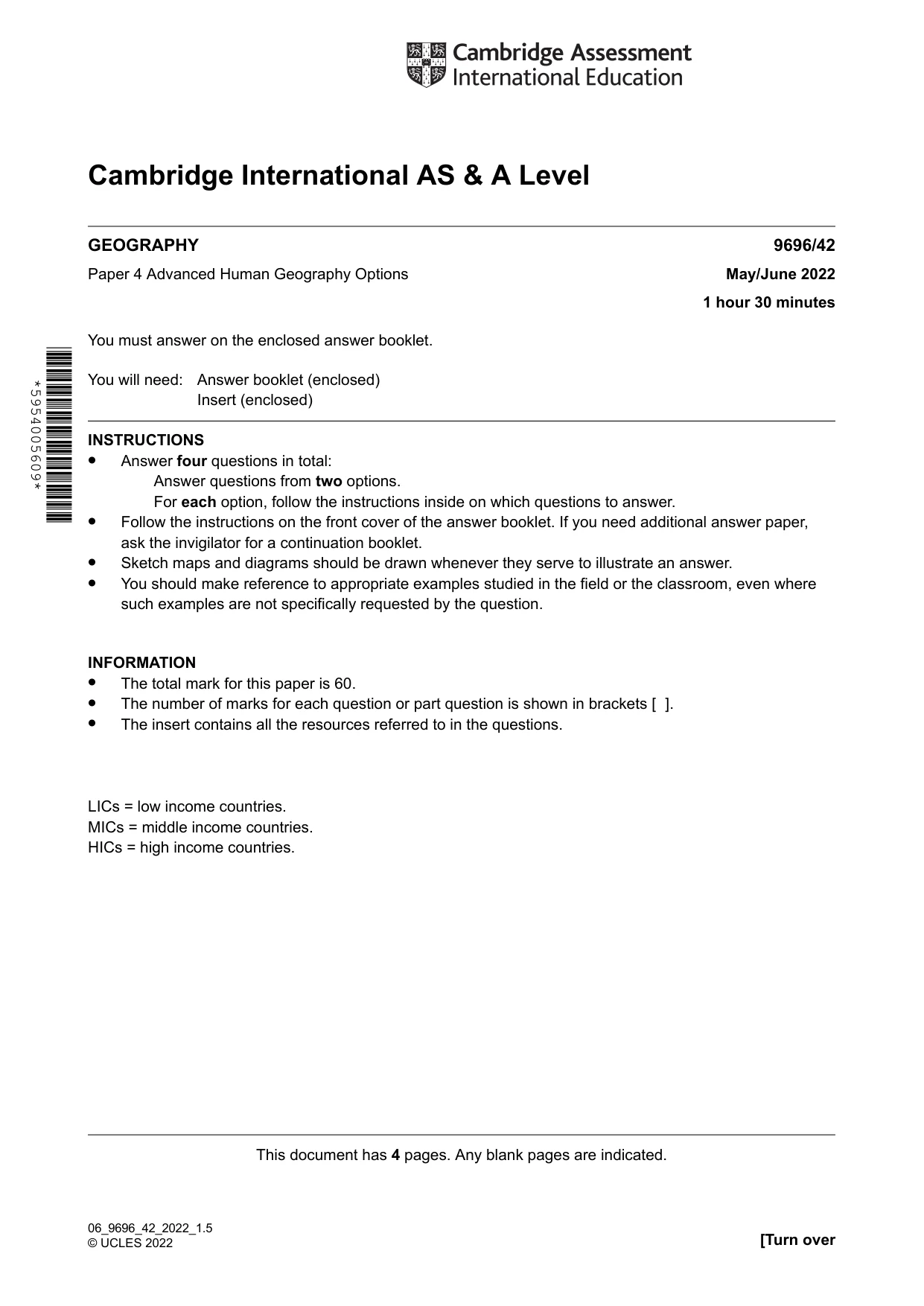 Cambridge A Level Geography 9696 2022 May/June Paper 4 · Variant 2 question paper, page 1 of 4