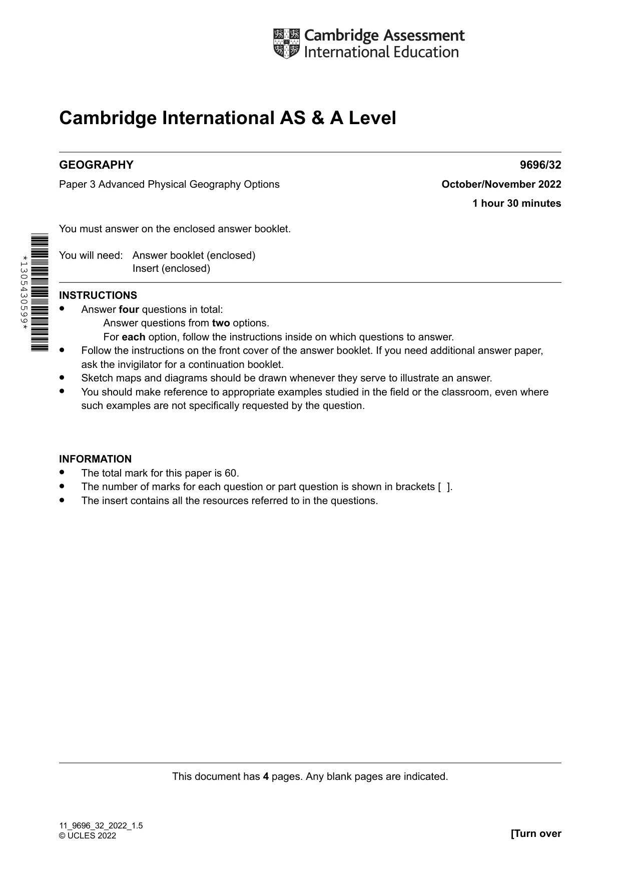 Cambridge A Level Geography 9696 2022 Oct/Nov Paper 3 · Variant 2 question paper, page 1 of 4