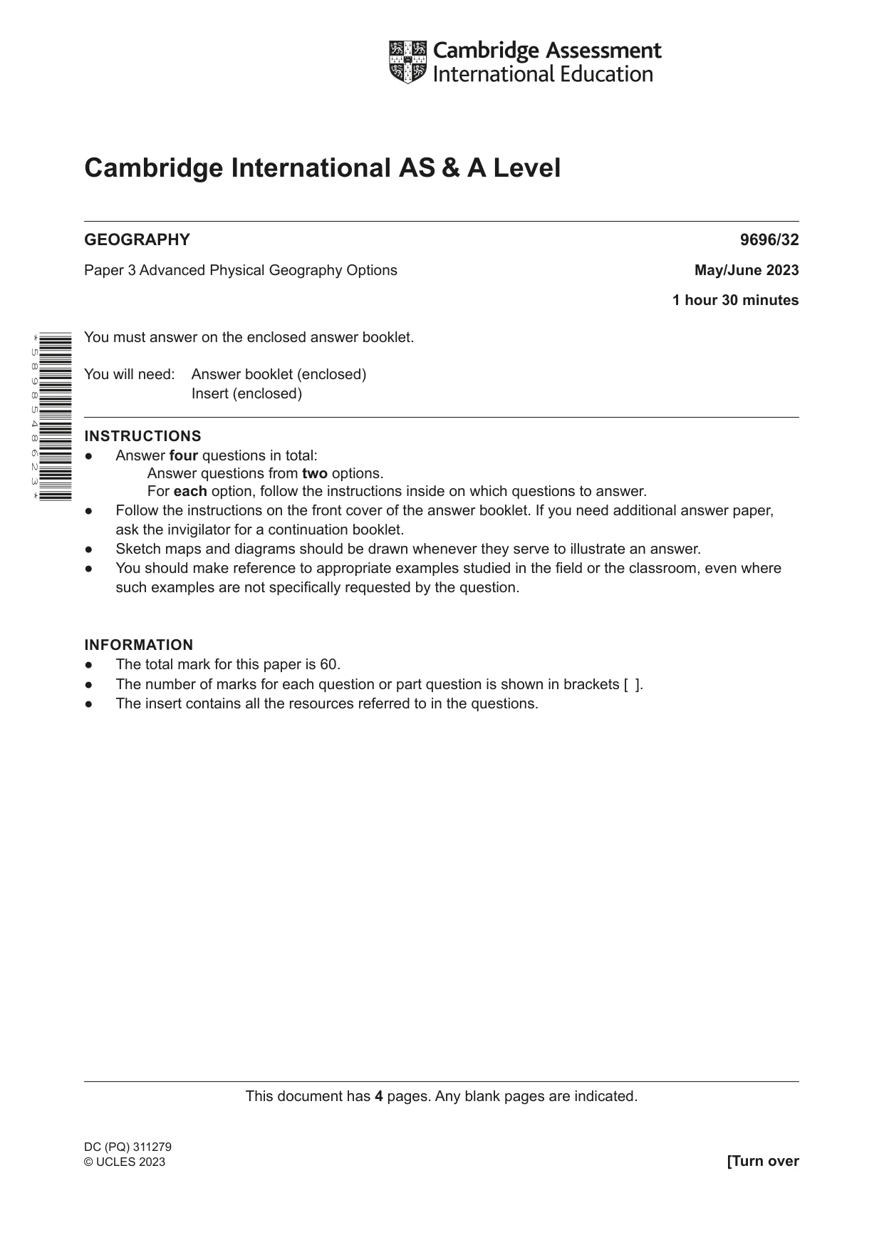 Cambridge A Level Geography 9696 2023 May/June Paper 3 · Variant 2 question paper, page 1 of 4
