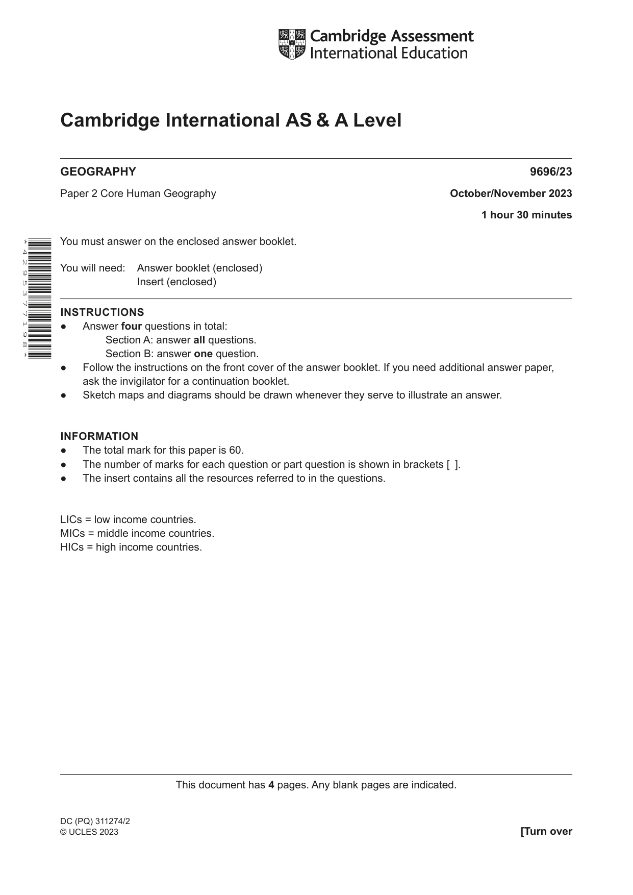 Cambridge A Level Geography 9696 2023 Oct/Nov Paper 2 · Variant 3 question paper, page 1 of 4