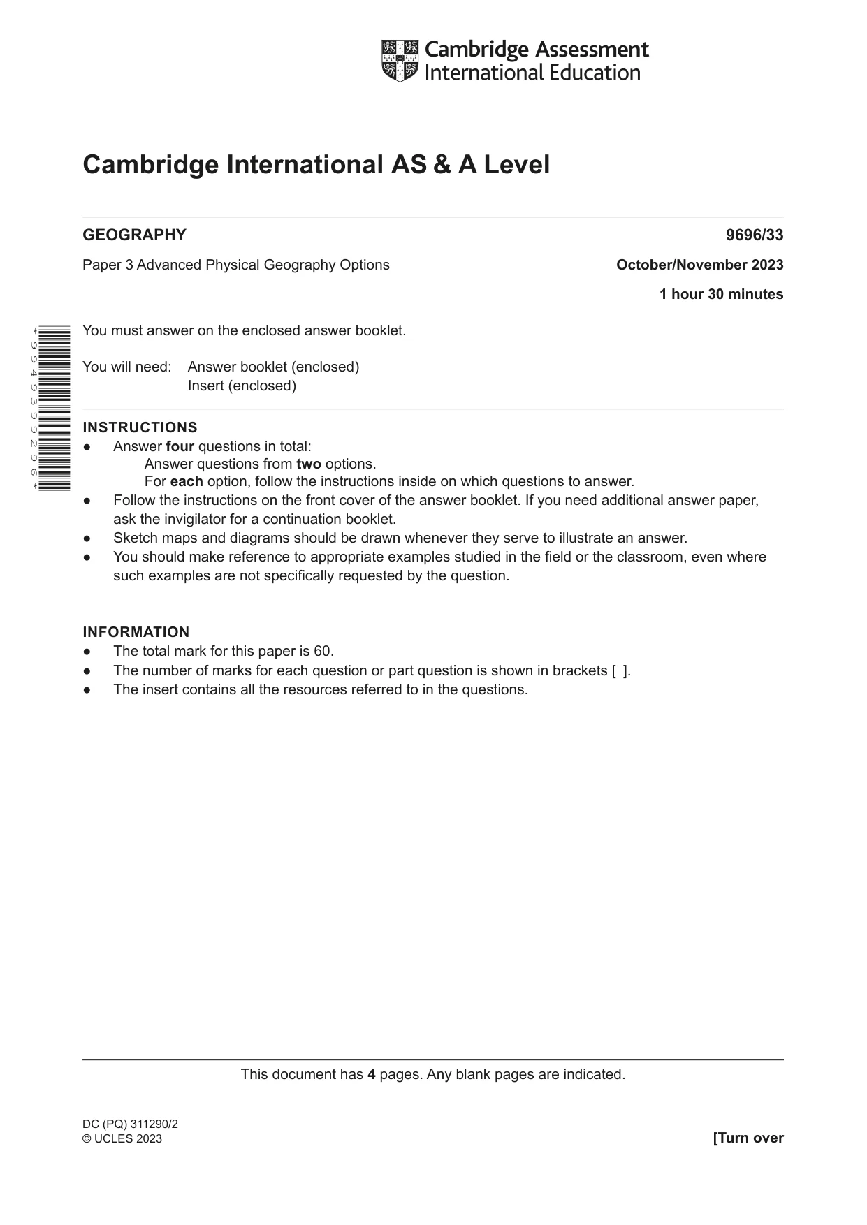 Cambridge A Level Geography 9696 2023 Oct/Nov Paper 3 · Variant 3 question paper, page 1 of 4