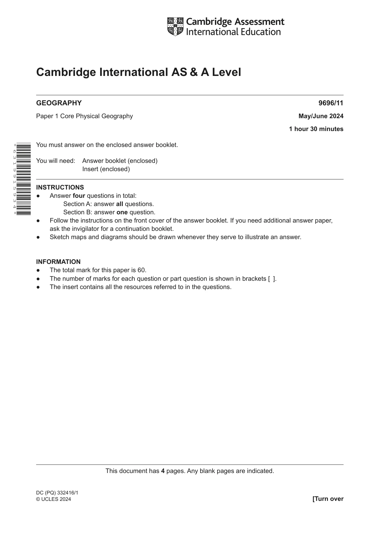 Cambridge A Level Geography 9696 2024 May/June Paper 1 · Variant 1 question paper, page 1 of 4