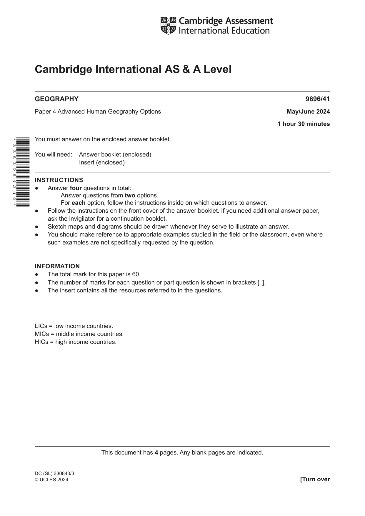 Cambridge A Level Geography 9696 2024 May/June Paper 4 · Variant 1 question paper, page 1 of 4