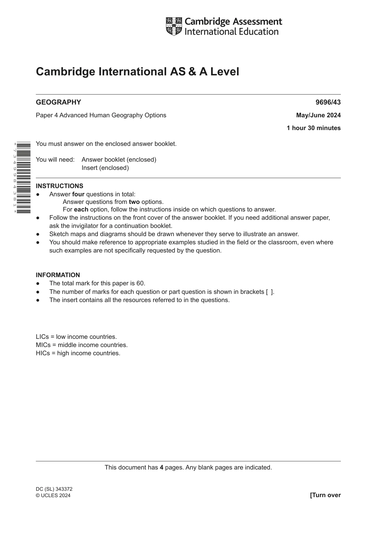 Cambridge A Level Geography 9696 2024 May/June Paper 4 · Variant 3 question paper, page 1 of 4