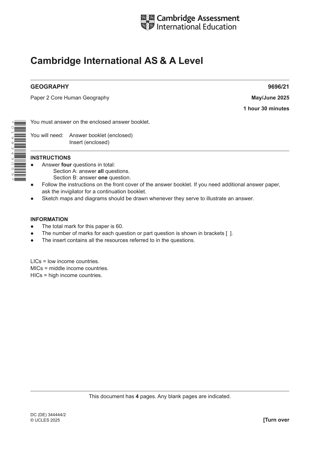 Cambridge A Level Geography 9696 2025 May/June Paper 2 · Variant 1 question paper, page 1 of 4