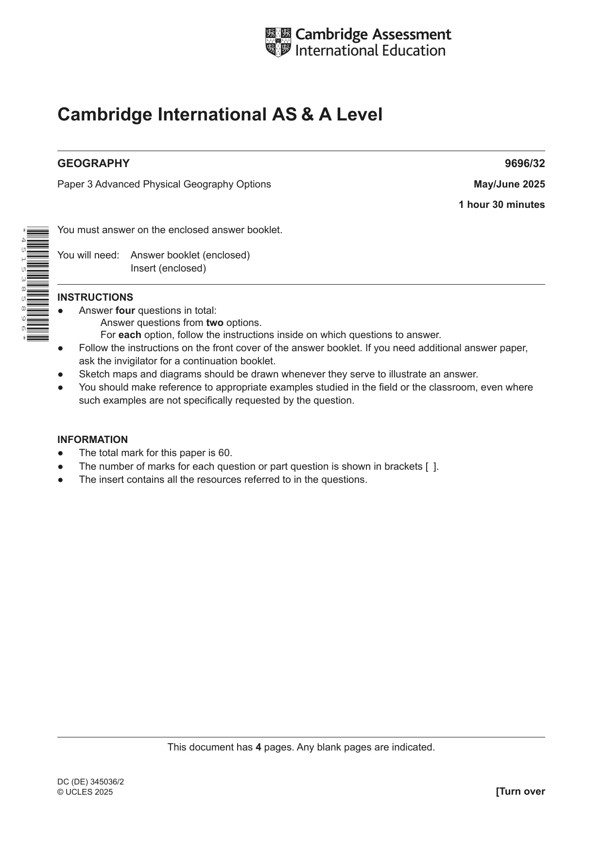 Cambridge A Level Geography 9696 2025 May/June Paper 3 · Variant 2 question paper, page 1 of 4