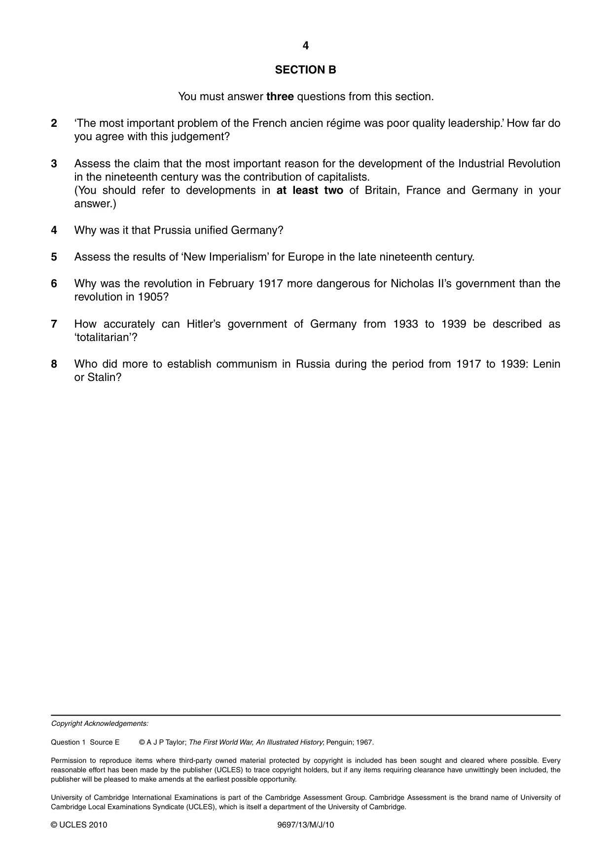 Cambridge A Level History (pre-2015) 9697 2010 May/June Paper 1 · Variant 3 question paper, page 4 of 4