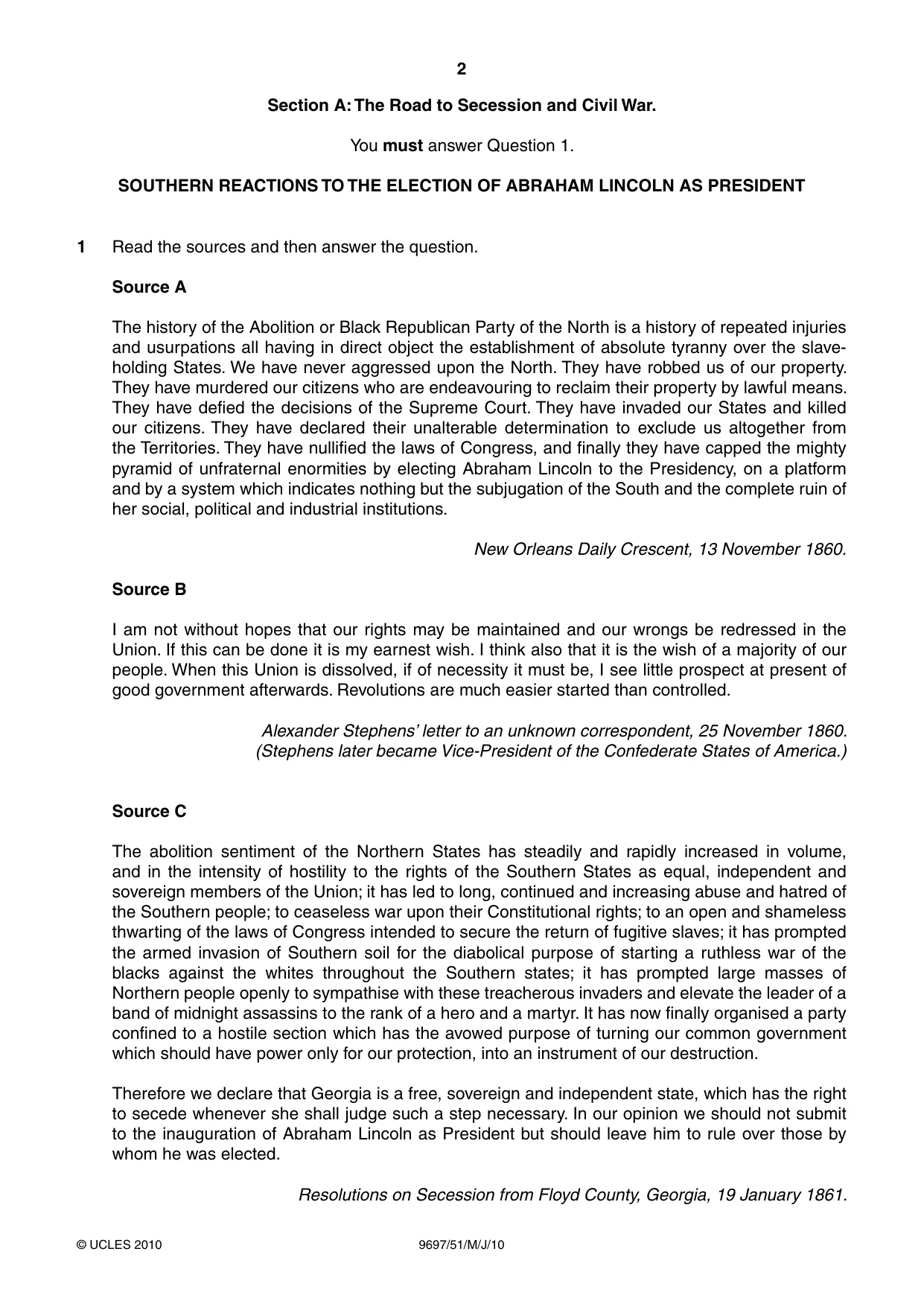 Cambridge A Level History (pre-2015) 9697 2010 May/June Paper 5 · Variant 1 question paper, page 2 of 4