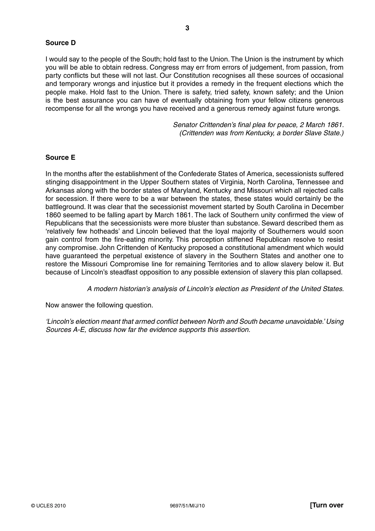 Cambridge A Level History (pre-2015) 9697 2010 May/June Paper 5 · Variant 1 question paper, page 3 of 4