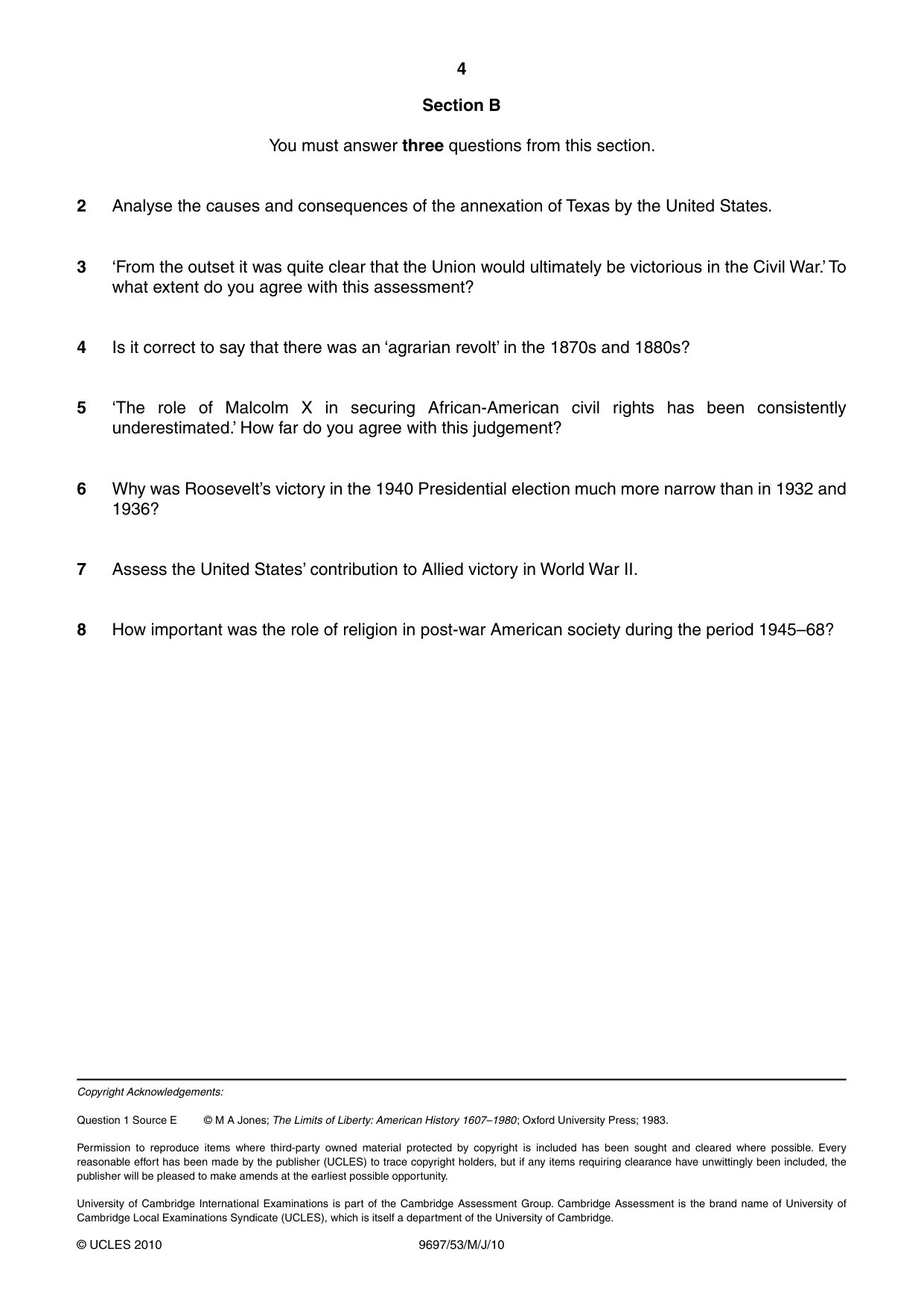 Cambridge A Level History (pre-2015) 9697 2010 May/June Paper 5 · Variant 3 question paper, page 4 of 4
