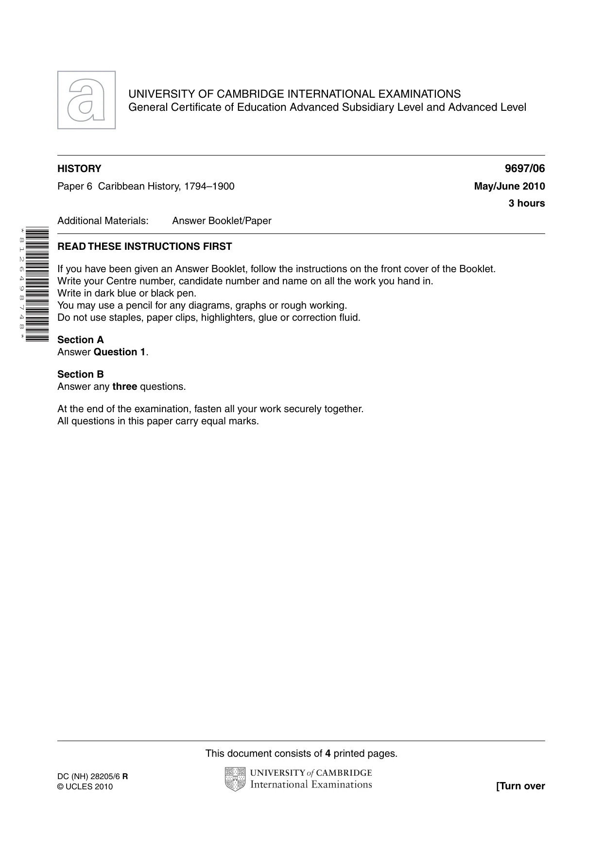 Cambridge A Level History (pre-2015) 9697 2010 May/June Paper 6 · Variant 1 question paper, page 1 of 4