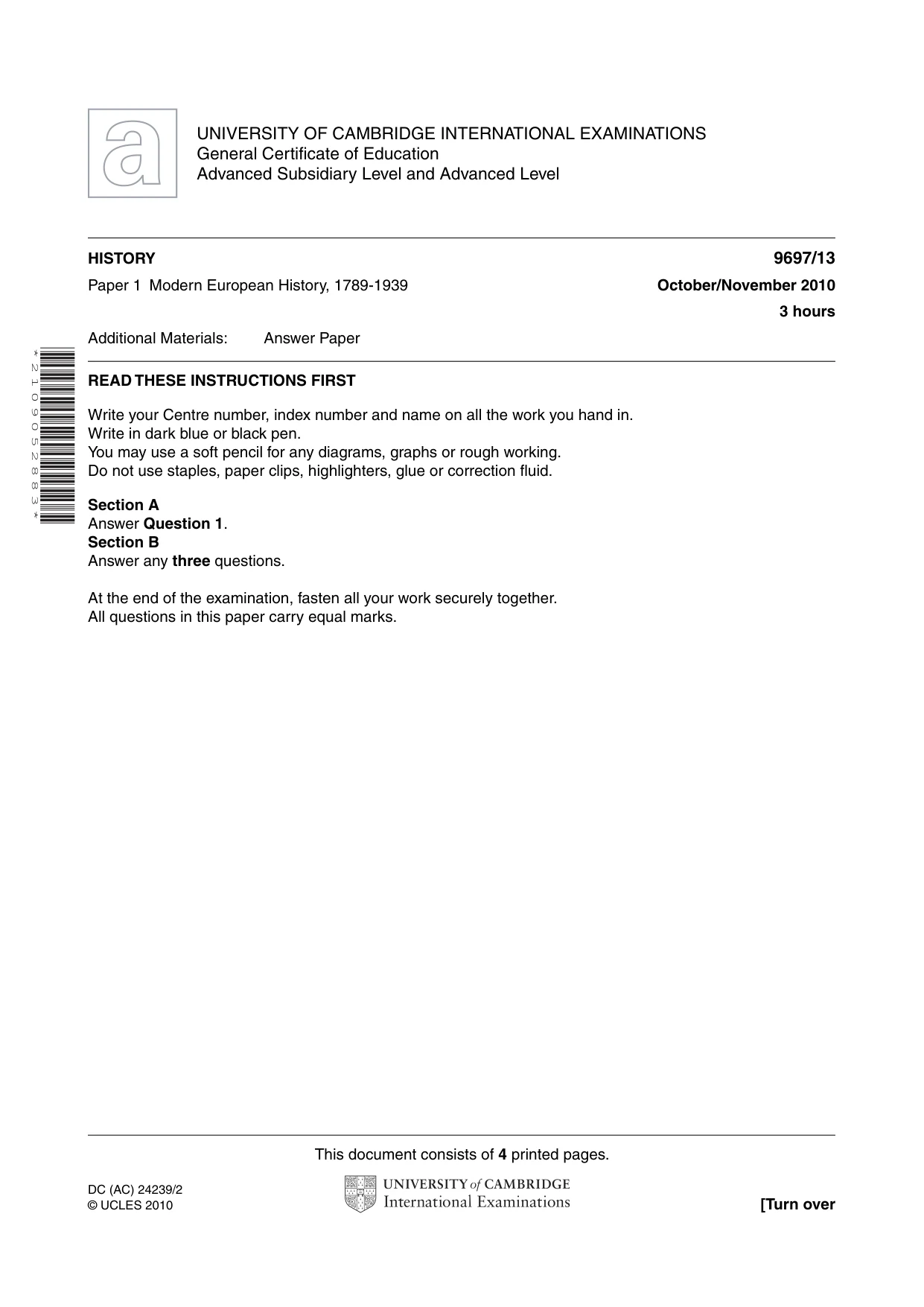 Cambridge A Level History (pre-2015) 9697 2010 Oct/Nov Paper 1 · Variant 3 question paper, page 1 of 4