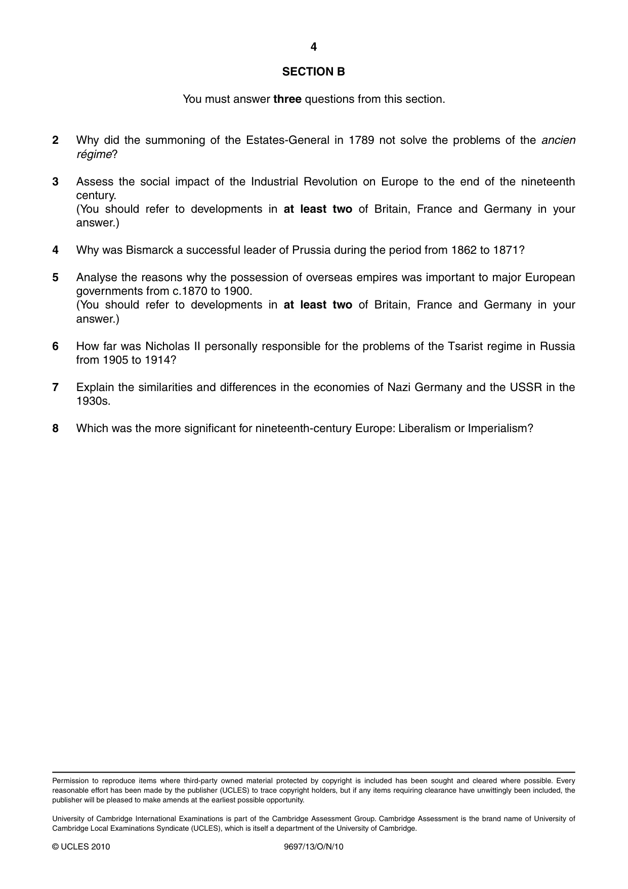Cambridge A Level History (pre-2015) 9697 2010 Oct/Nov Paper 1 · Variant 3 question paper, page 4 of 4