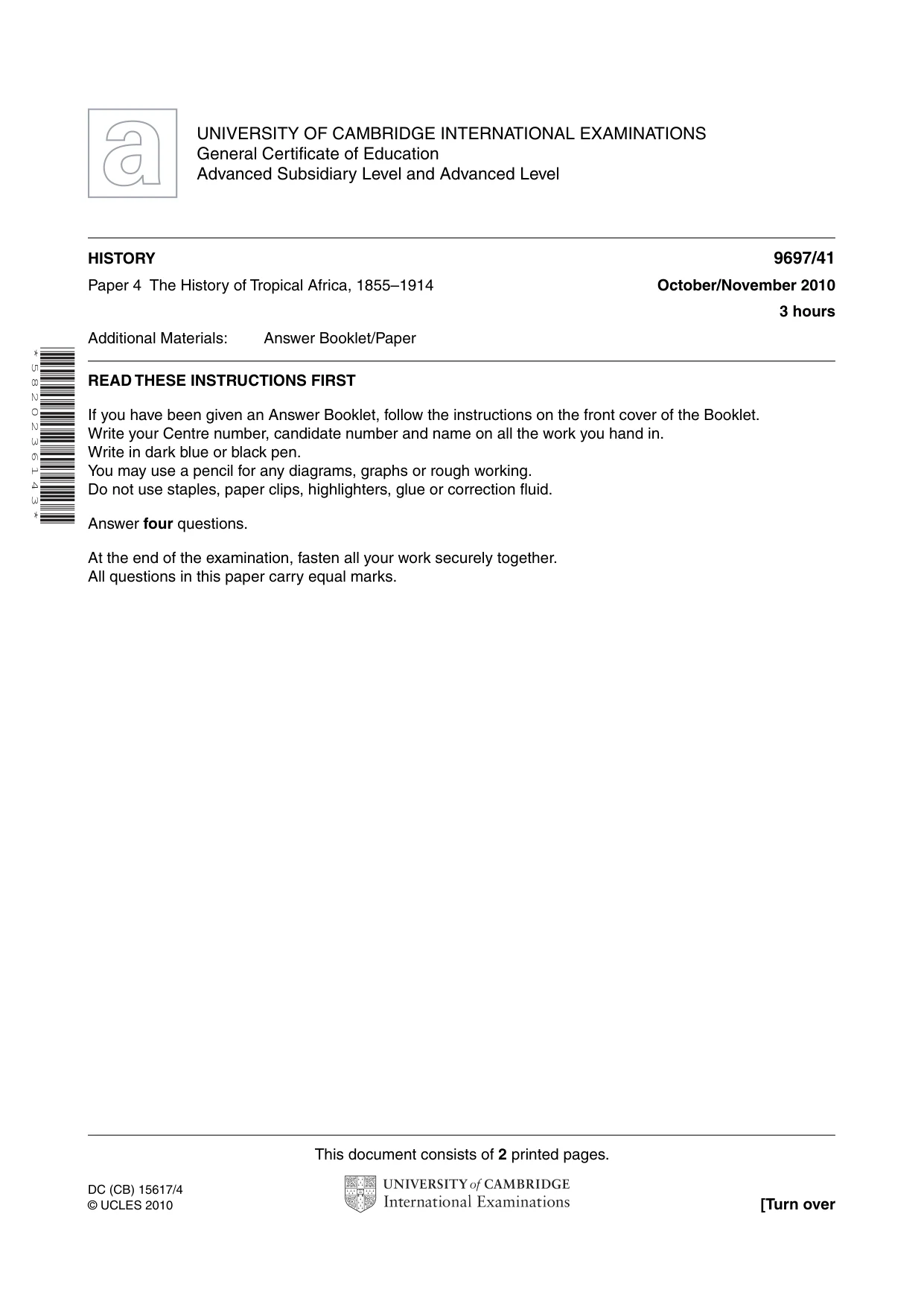 Cambridge A Level History (pre-2015) 9697 2010 Oct/Nov Paper 4 · Variant 1 question paper, page 1 of 2