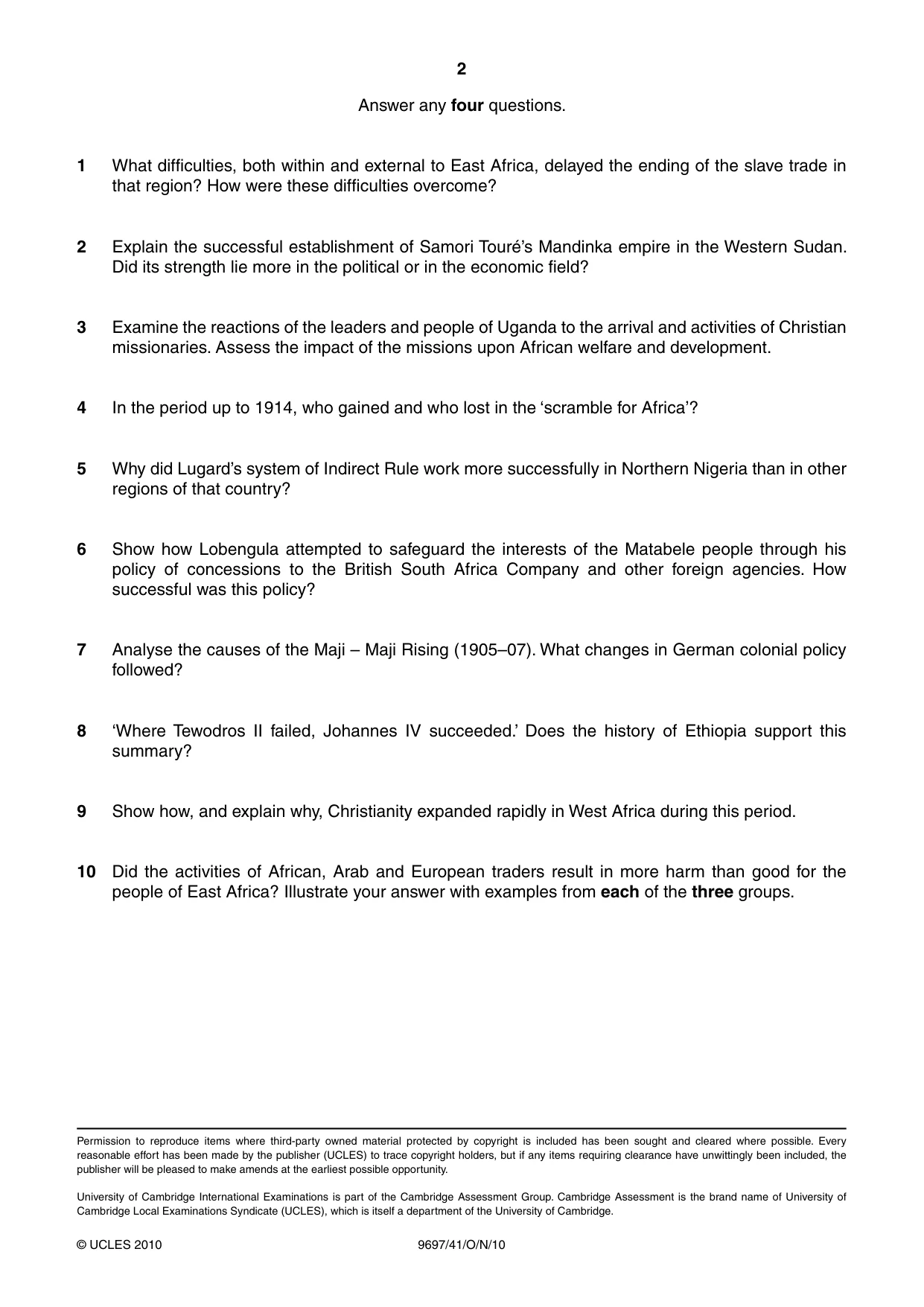 Cambridge A Level History (pre-2015) 9697 2010 Oct/Nov Paper 4 · Variant 1 question paper, page 2 of 2