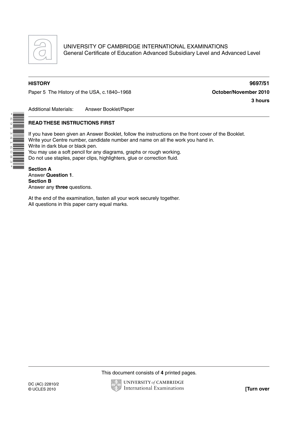 Cambridge A Level History (pre-2015) 9697 2010 Oct/Nov Paper 5 · Variant 1 question paper, page 1 of 4