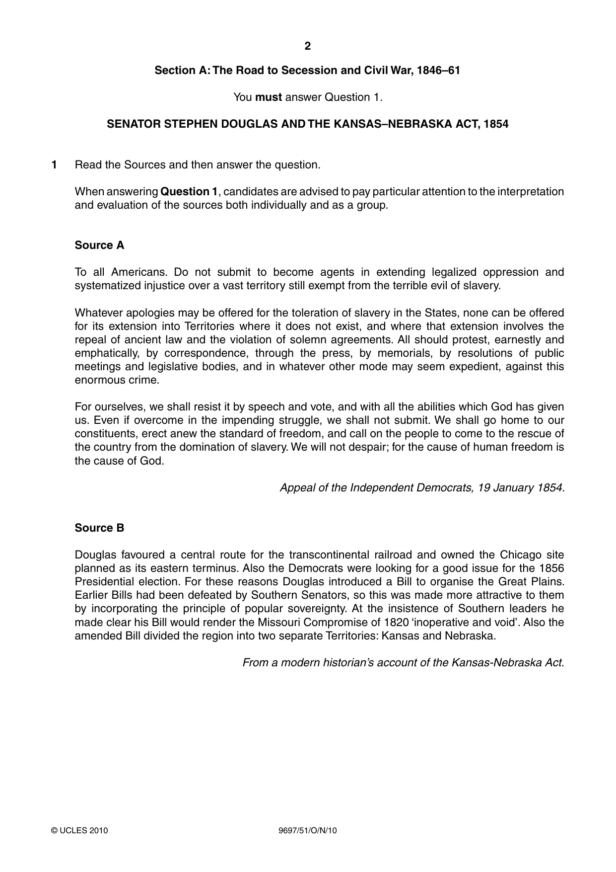 Cambridge A Level History (pre-2015) 9697 2010 Oct/Nov Paper 5 · Variant 1 question paper, page 2 of 4