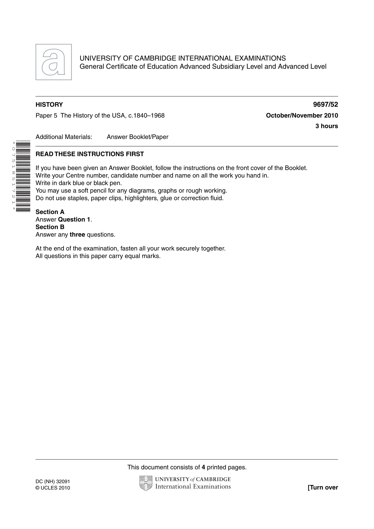 Cambridge A Level History (pre-2015) 9697 2010 Oct/Nov Paper 5 · Variant 2 question paper, page 1 of 4