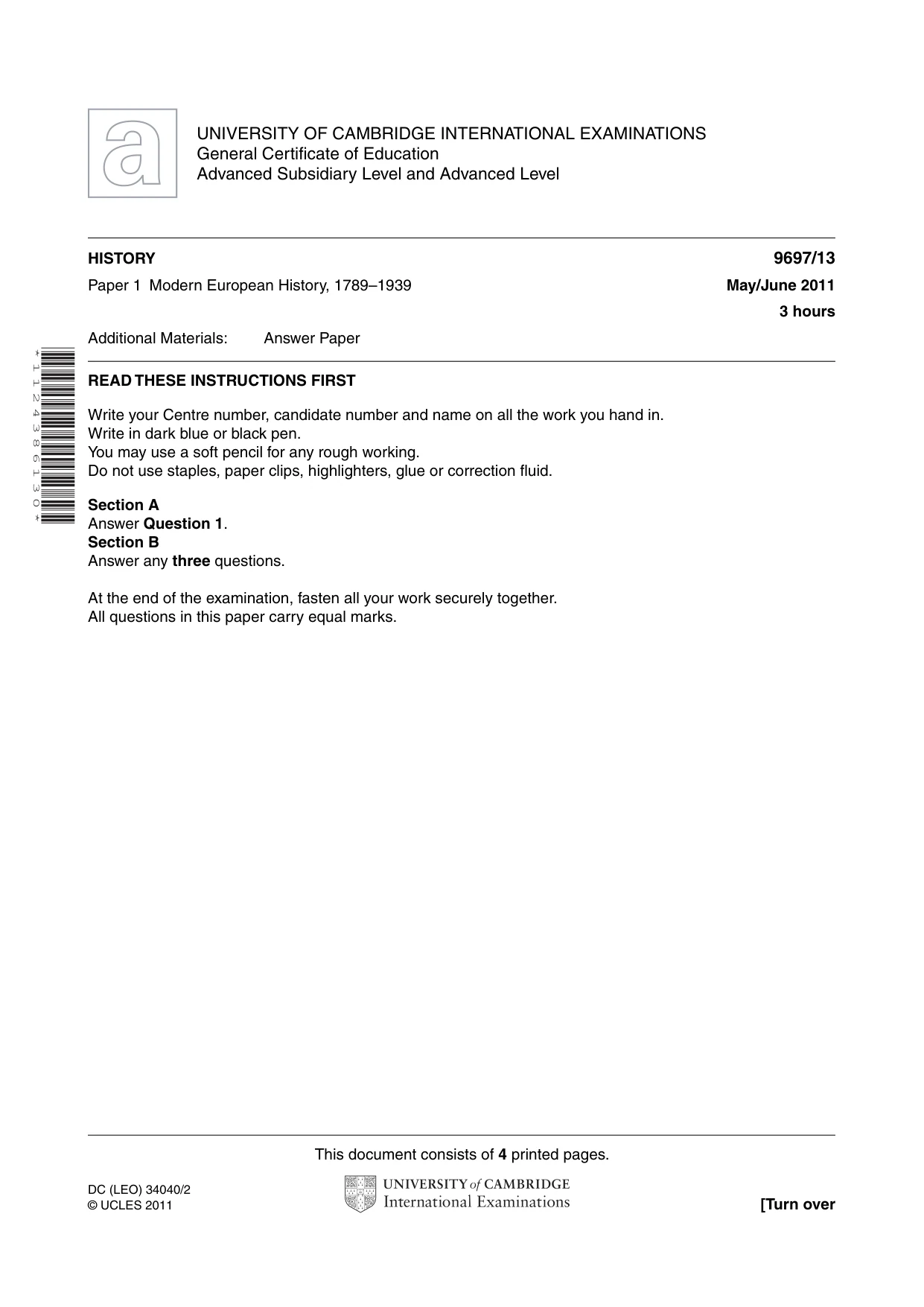 Cambridge A Level History (pre-2015) 9697 2011 May/June Paper 1 · Variant 3 question paper, page 1 of 4