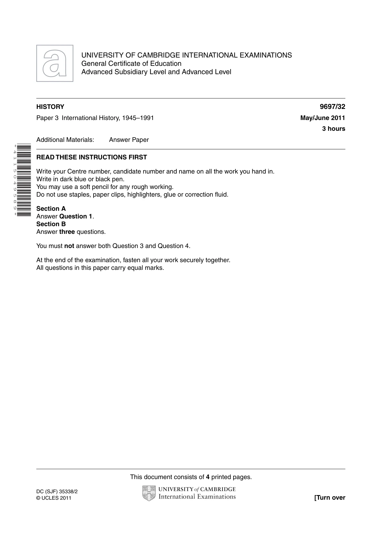 Cambridge A Level History (pre-2015) 9697 2011 May/June Paper 3 · Variant 2 question paper, page 1 of 4