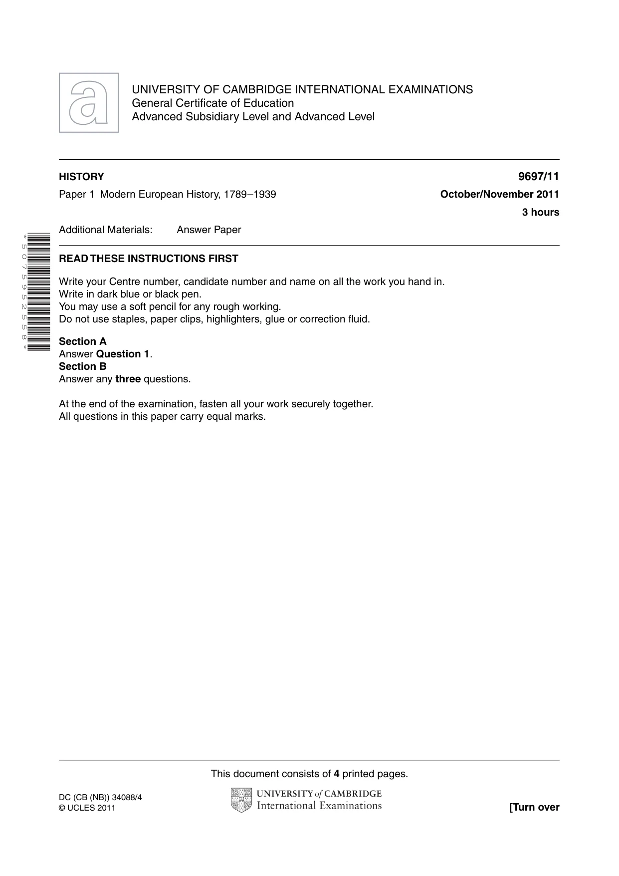 Cambridge A Level History (pre-2015) 9697 2011 Oct/Nov Paper 1 · Variant 1 question paper, page 1 of 4