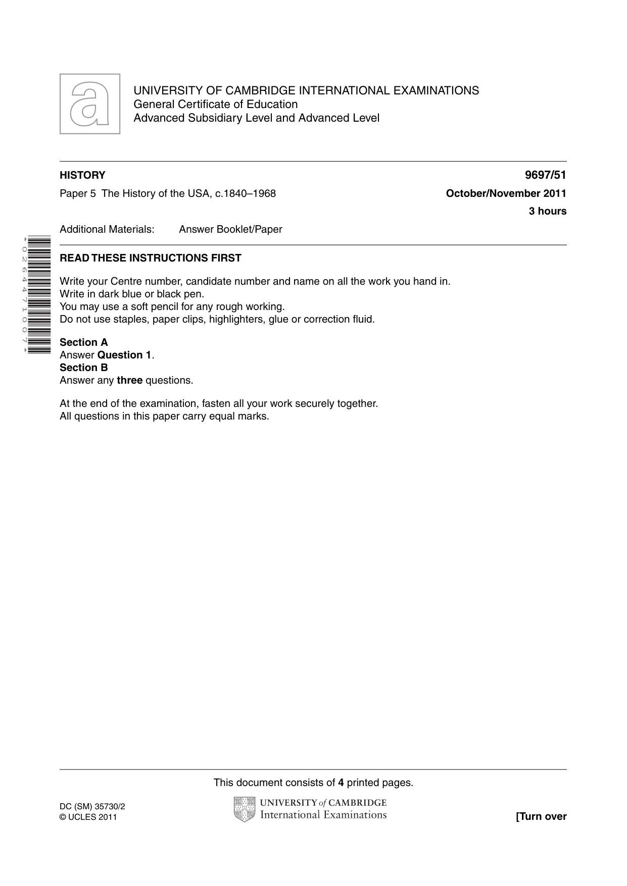 Cambridge A Level History (pre-2015) 9697 2011 Oct/Nov Paper 5 · Variant 1 question paper, page 1 of 4
