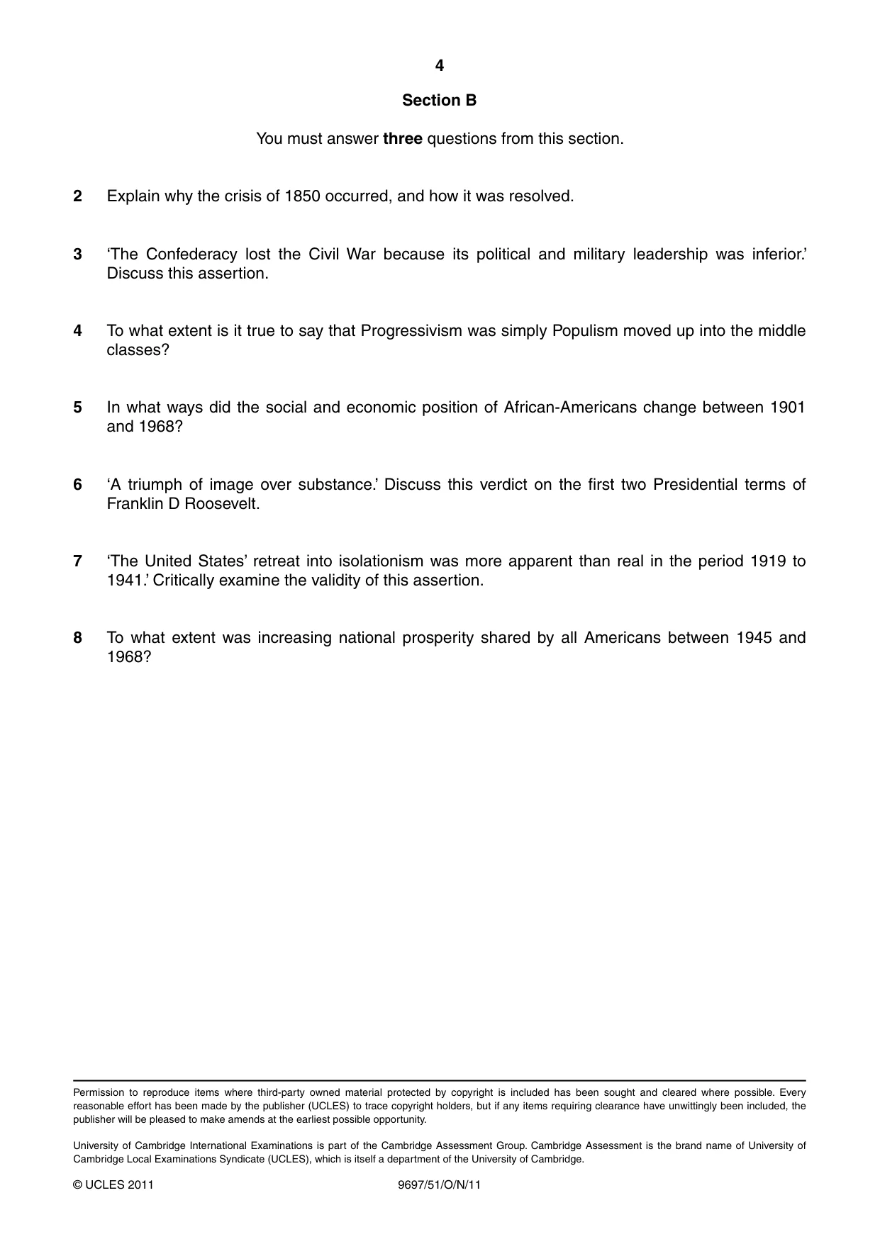 Cambridge A Level History (pre-2015) 9697 2011 Oct/Nov Paper 5 · Variant 1 question paper, page 4 of 4