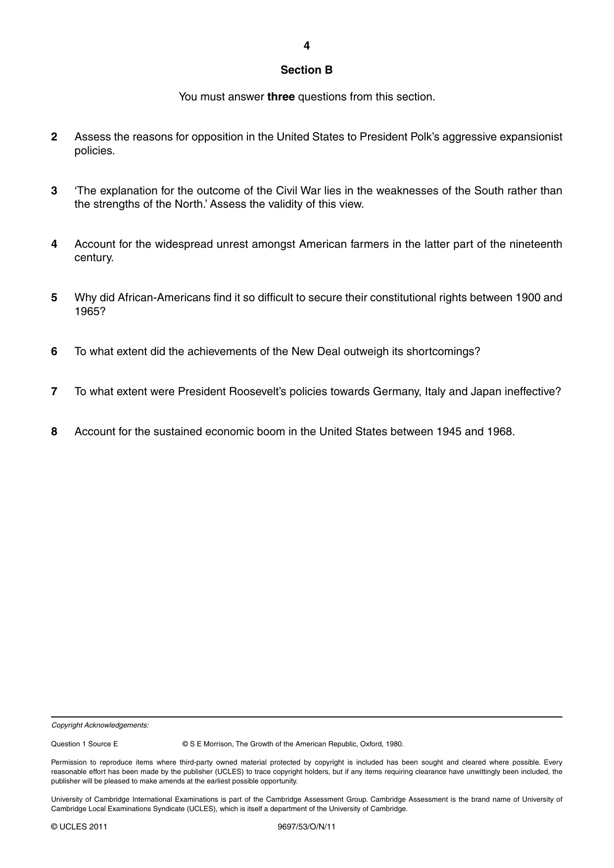 Cambridge A Level History (pre-2015) 9697 2011 Oct/Nov Paper 5 · Variant 3 question paper, page 4 of 4