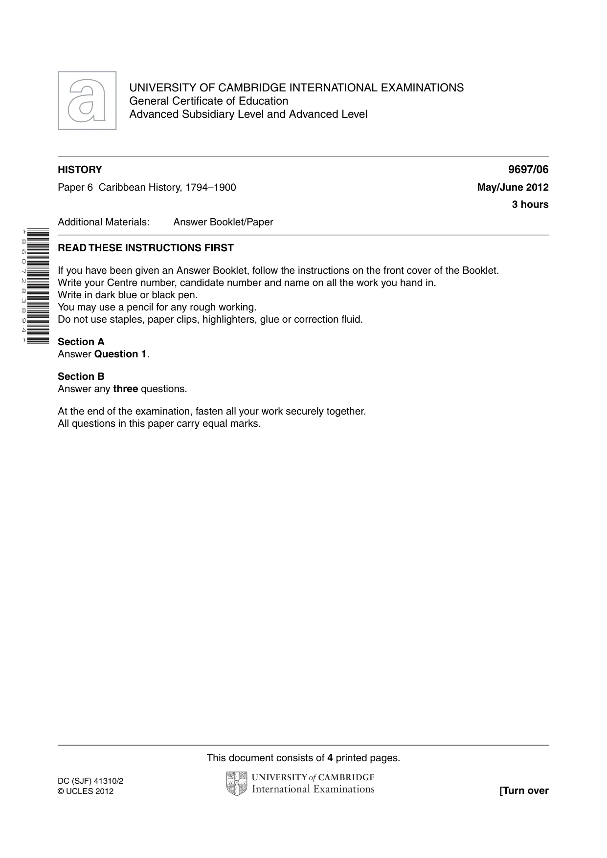 Cambridge A Level History (pre-2015) 9697 2012 May/June Paper 6 · Variant 1 question paper, page 1 of 4