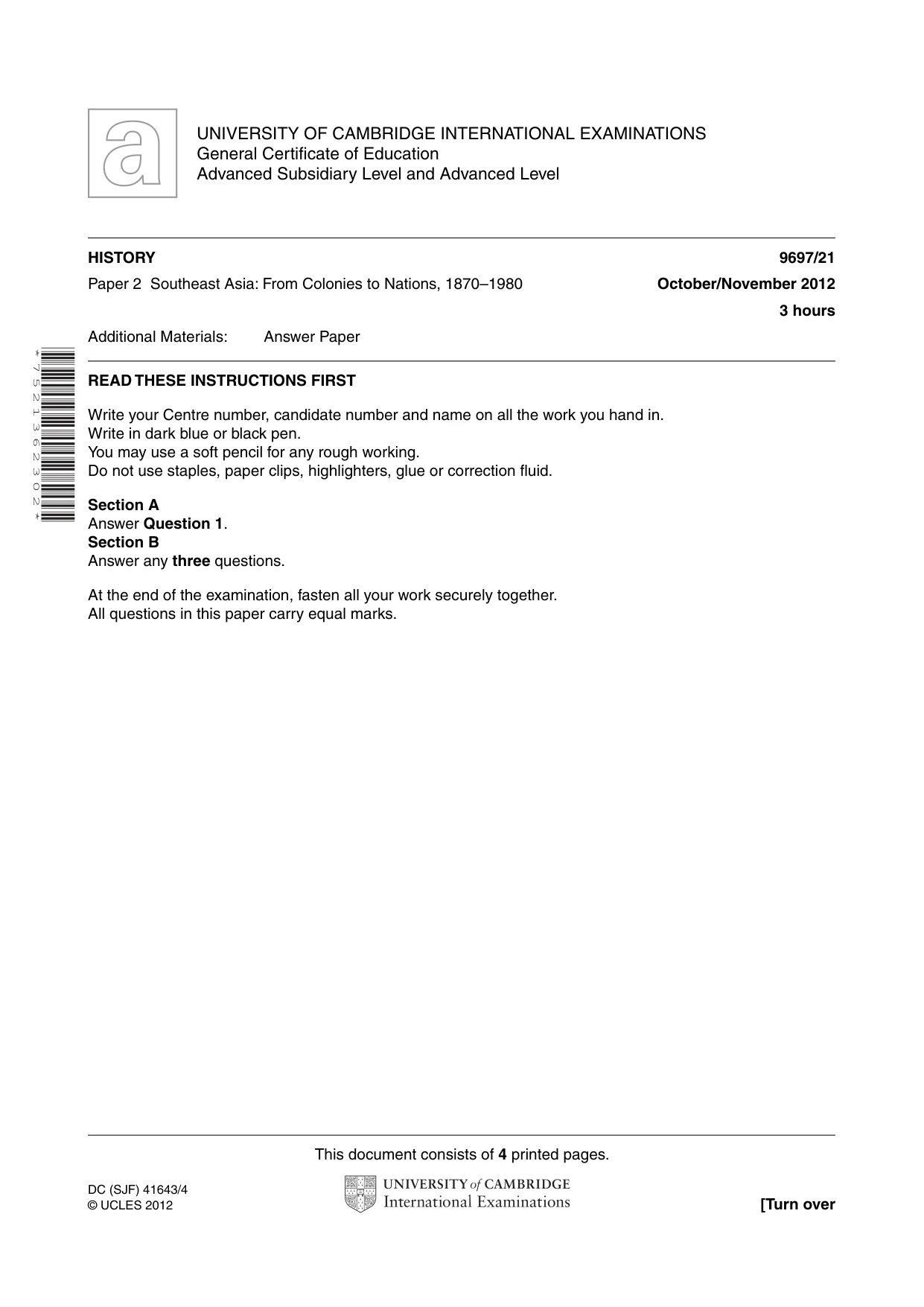 Cambridge A Level History (pre-2015) 9697 2012 Oct/Nov Paper 2 · Variant 1 question paper, page 1 of 4