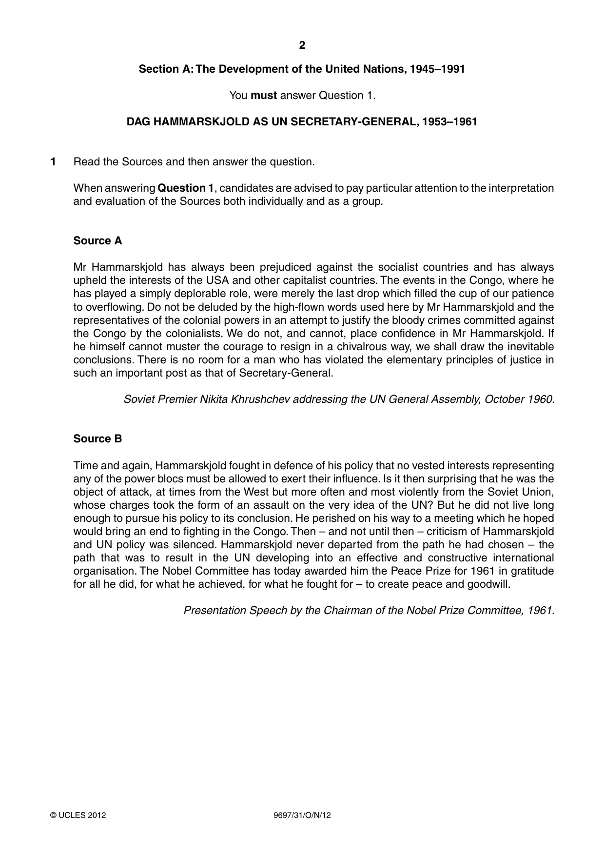 Cambridge A Level History (pre-2015) 9697 2012 Oct/Nov Paper 3 · Variant 1 question paper, page 2 of 4