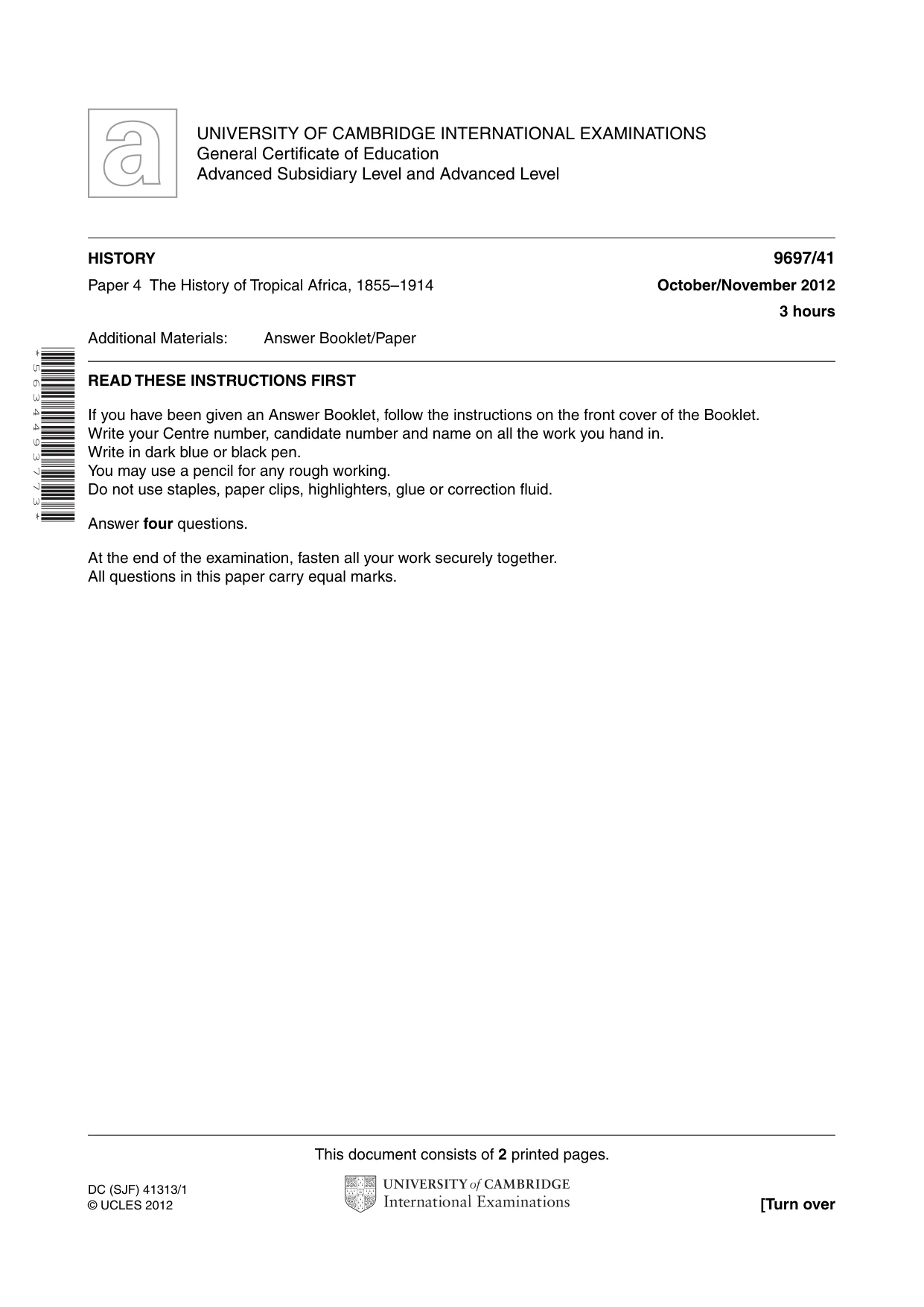 Cambridge A Level History (pre-2015) 9697 2012 Oct/Nov Paper 4 · Variant 1 question paper, page 1 of 2