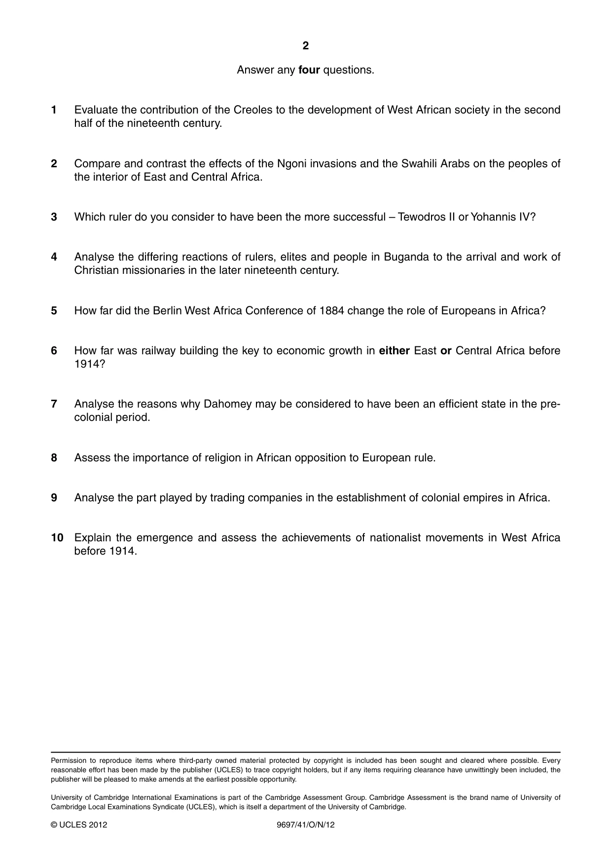 Cambridge A Level History (pre-2015) 9697 2012 Oct/Nov Paper 4 · Variant 1 question paper, page 2 of 2