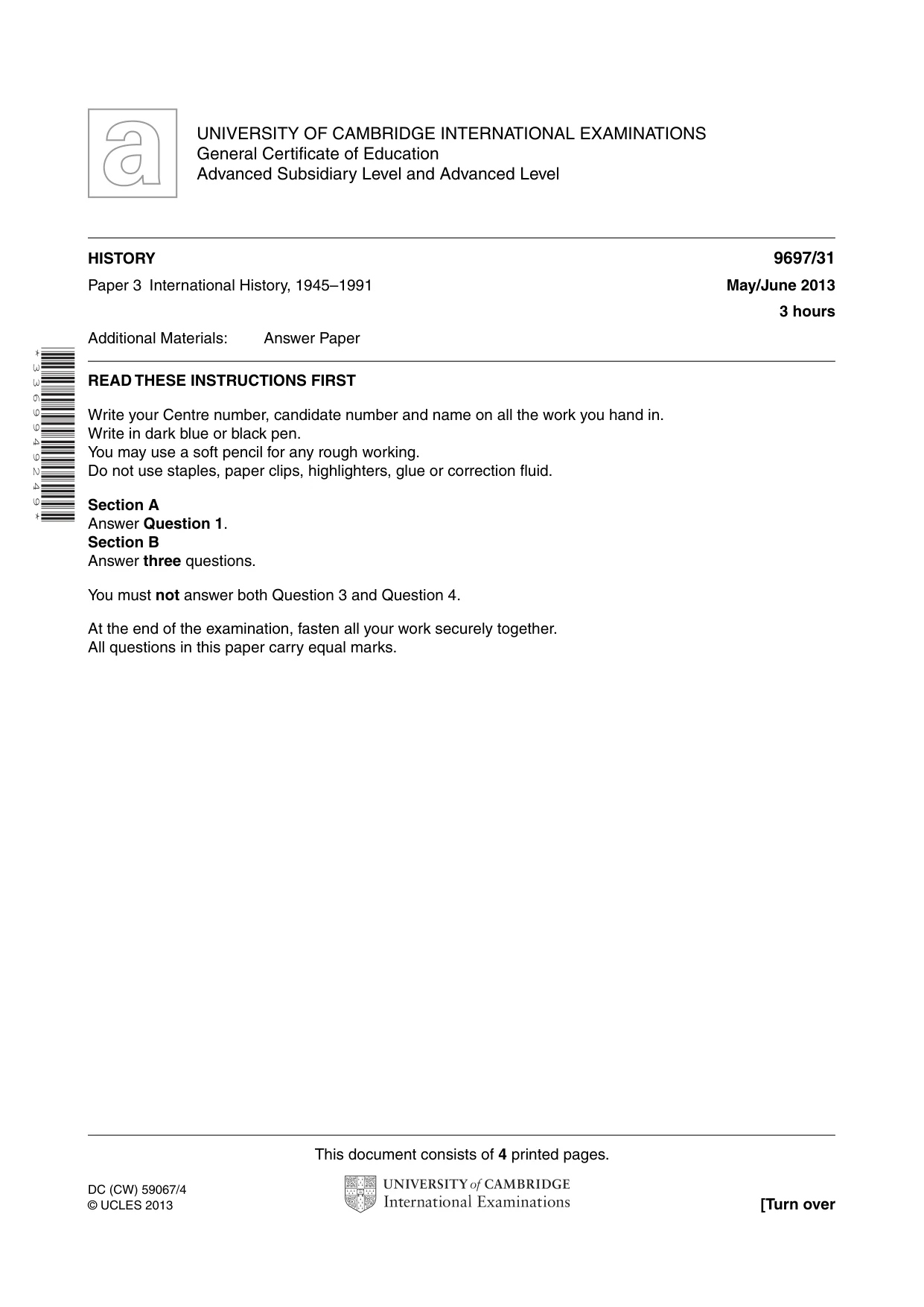 Cambridge A Level History (pre-2015) 9697 2013 May/June Paper 3 · Variant 1 question paper, page 1 of 4