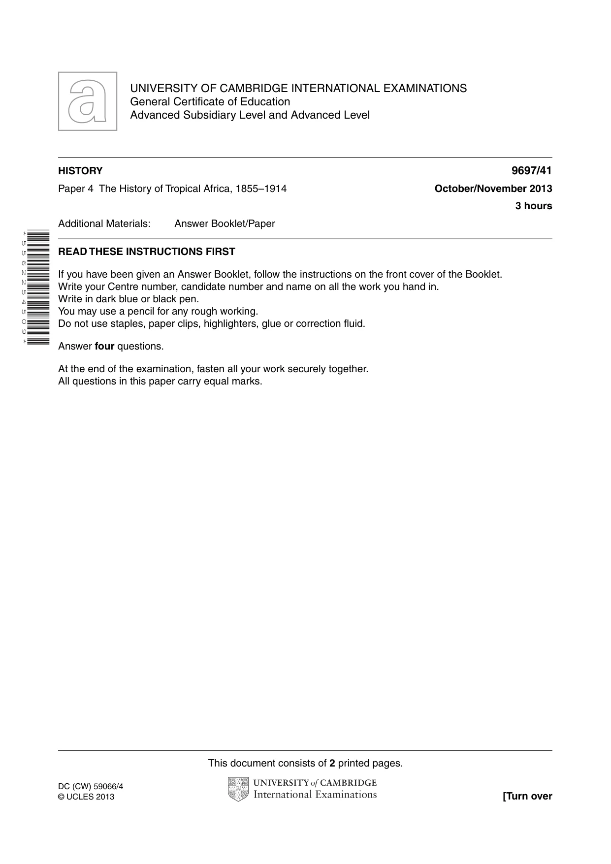 Cambridge A Level History (pre-2015) 9697 2013 Oct/Nov Paper 4 · Variant 1 question paper, page 1 of 2