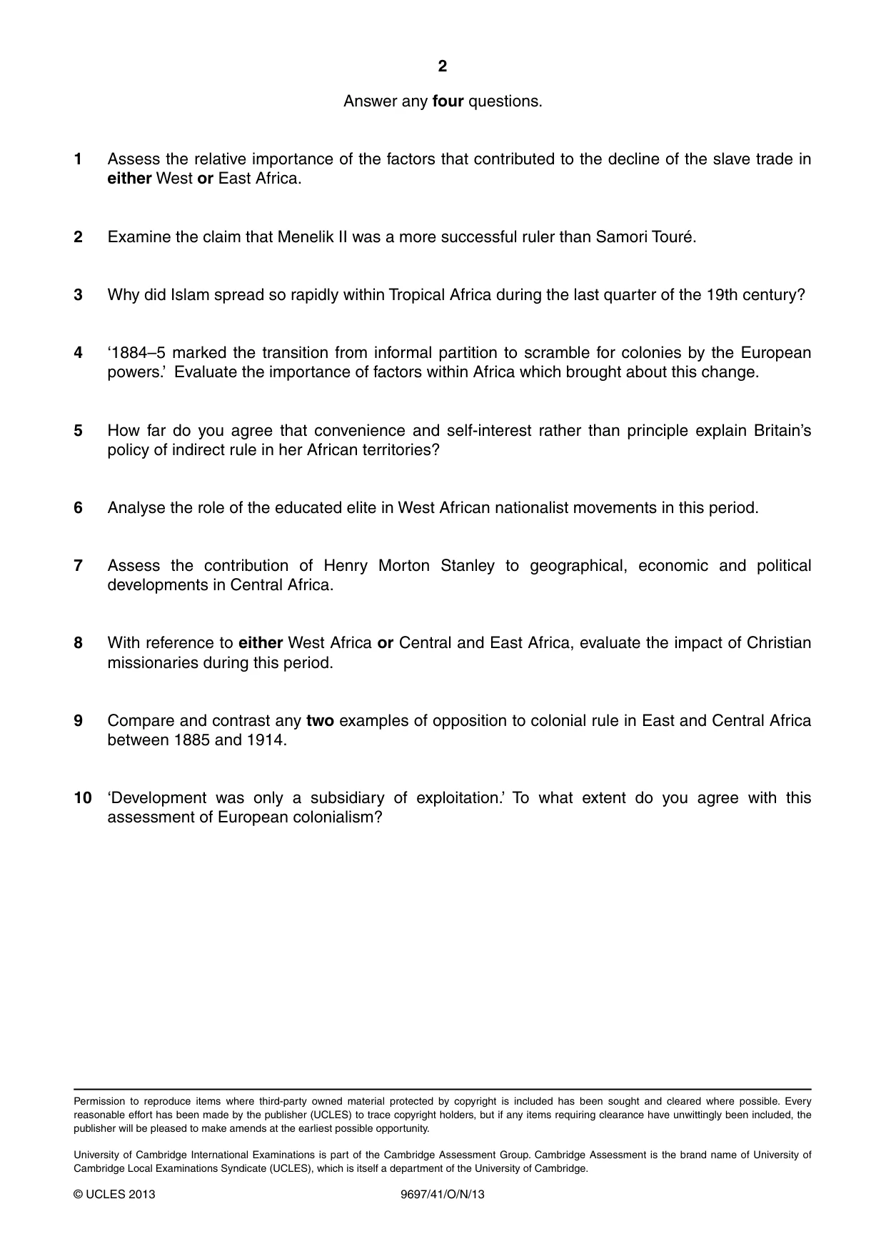 Cambridge A Level History (pre-2015) 9697 2013 Oct/Nov Paper 4 · Variant 1 question paper, page 2 of 2