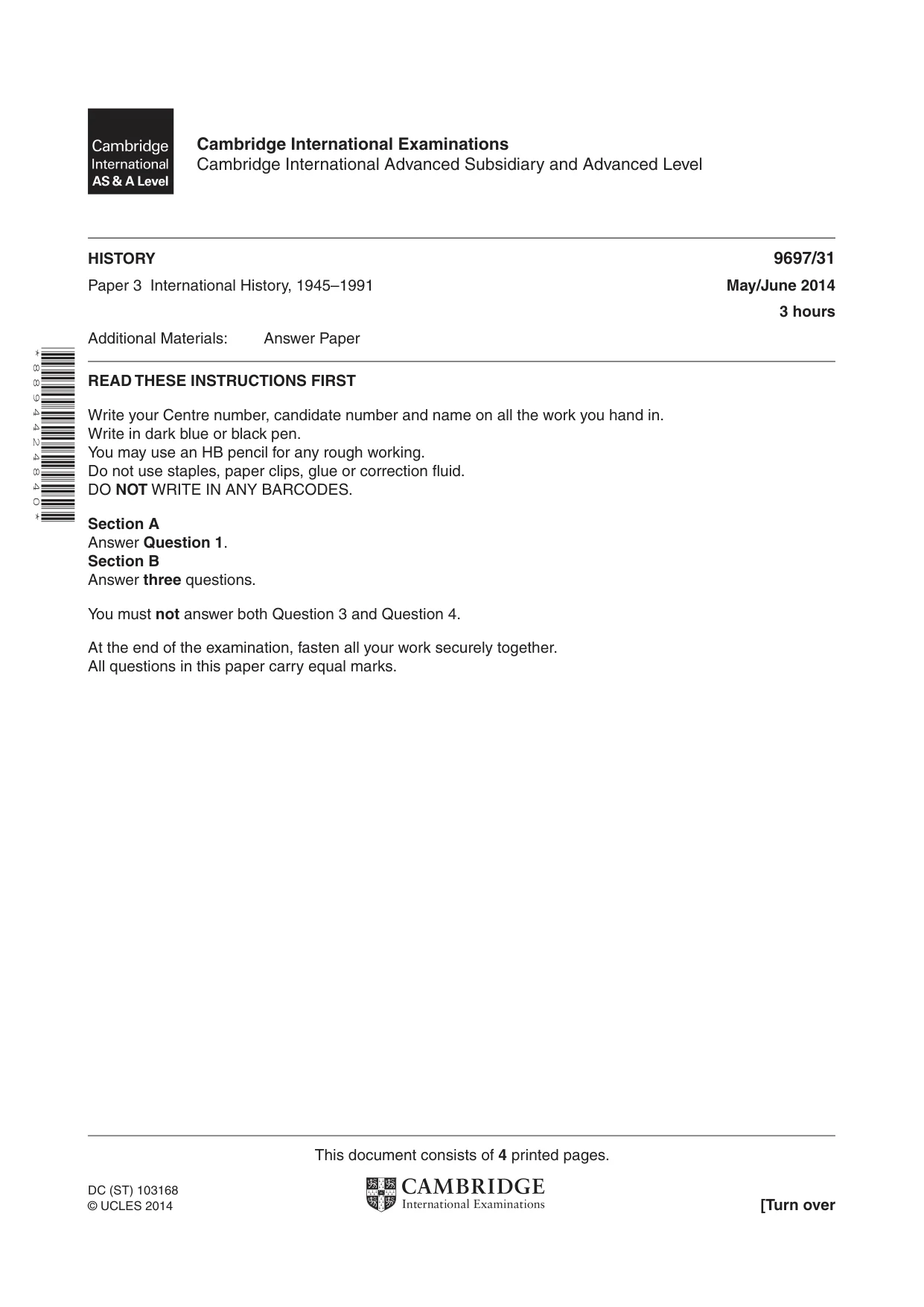 Cambridge A Level History (pre-2015) 9697 2014 May/June Paper 3 · Variant 1 question paper, page 1 of 4
