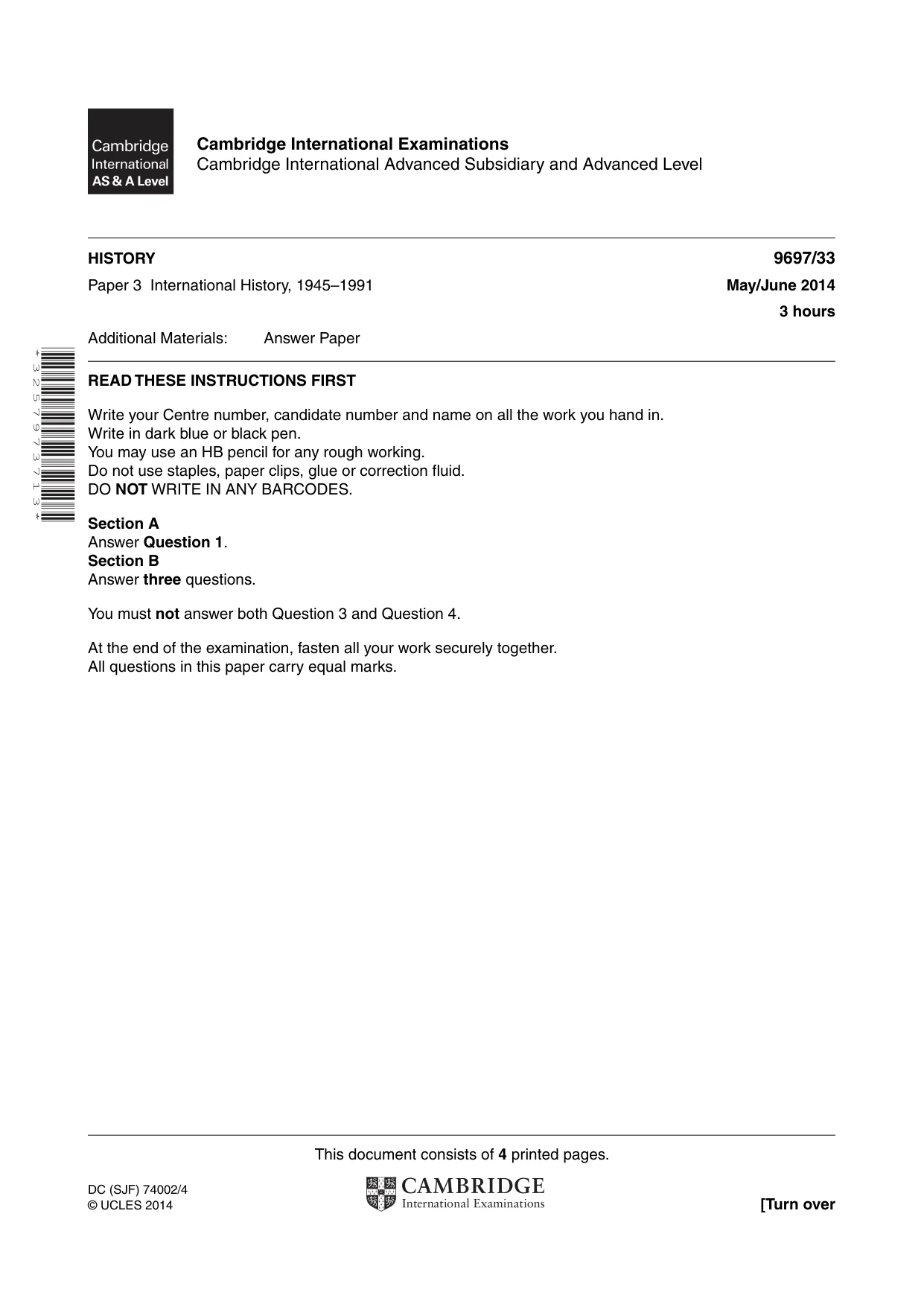 Cambridge A Level History (pre-2015) 9697 2014 May/June Paper 3 · Variant 3 question paper, page 1 of 4
