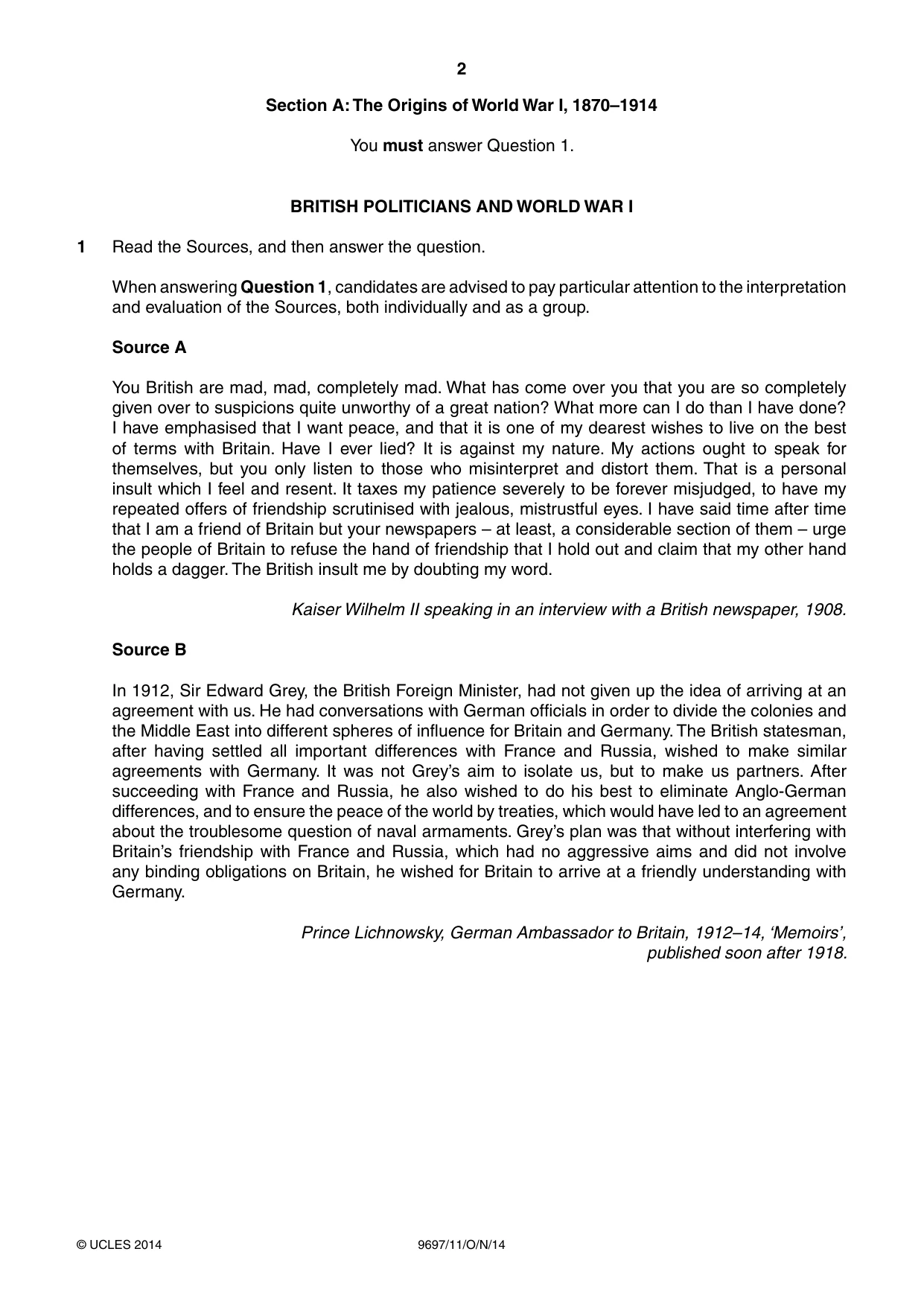 Cambridge A Level History (pre-2015) 9697 2014 Oct/Nov Paper 1 · Variant 1 question paper, page 2 of 4