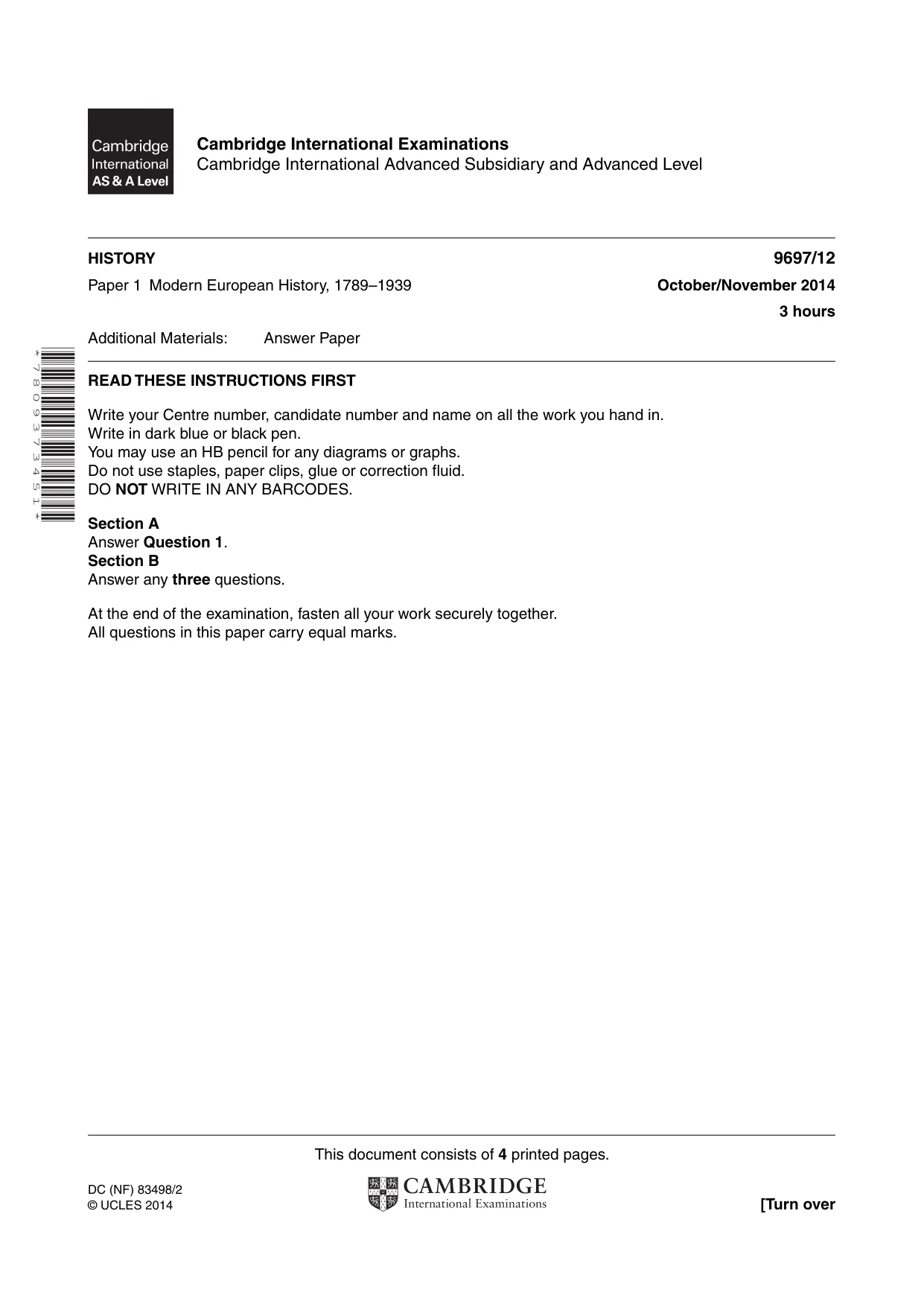 Cambridge A Level History (pre-2015) 9697 2014 Oct/Nov Paper 1 · Variant 2 question paper, page 1 of 4
