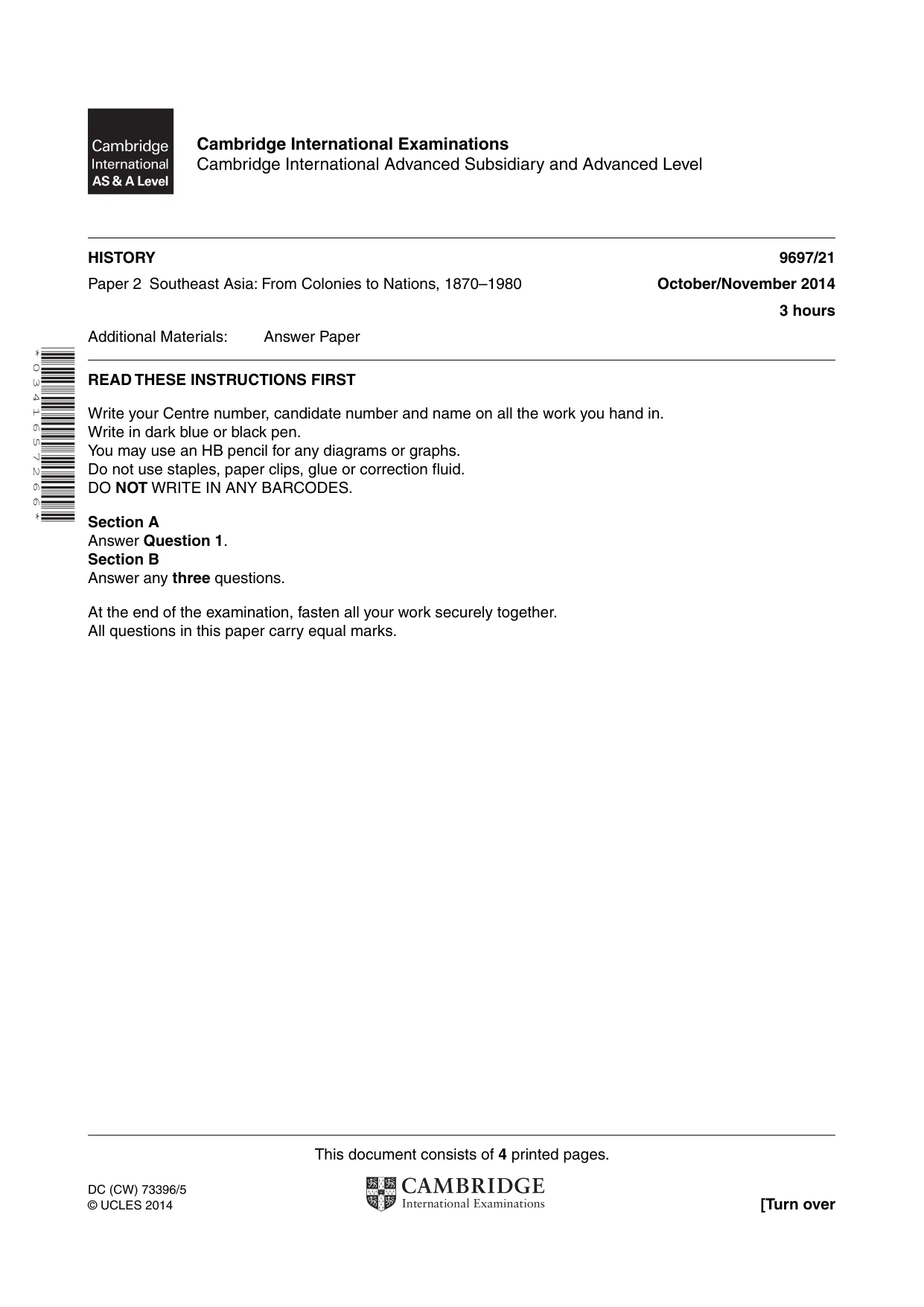 Cambridge A Level History (pre-2015) 9697 2014 Oct/Nov Paper 2 · Variant 1 question paper, page 1 of 4