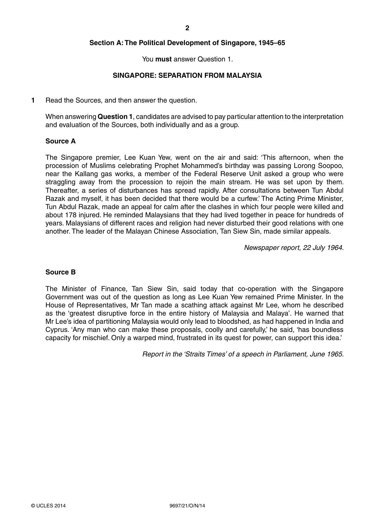 Cambridge A Level History (pre-2015) 9697 2014 Oct/Nov Paper 2 · Variant 1 question paper, page 2 of 4